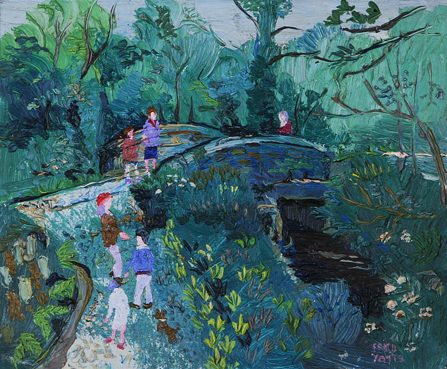 Fred Yates Landscape Painting - On the Bridge A Landscape with figures Modern 20th Century