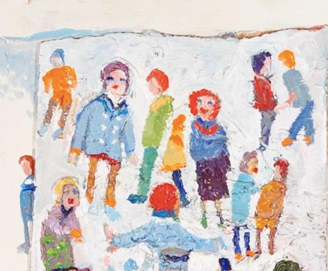 Gente, 2000 - Pintura al óleo sobre tabla de figuras coloridas sobre blanco - Painting de Fred Yates
