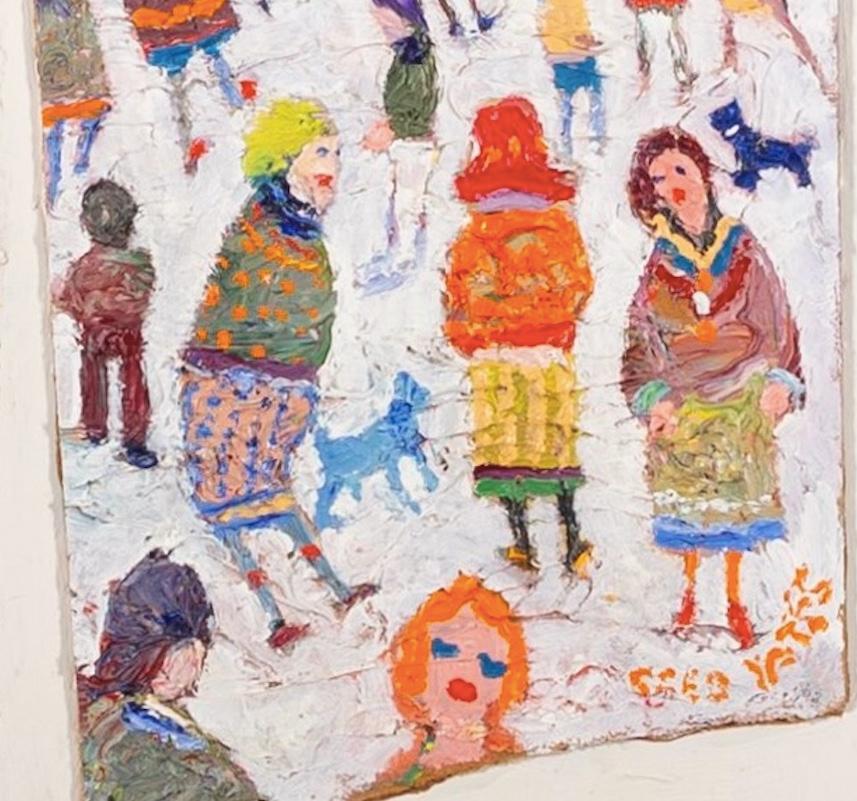 Gente, 2000 - Pintura al óleo sobre tabla de figuras coloridas sobre blanco - Figurative Painting Blanco de Fred Yates