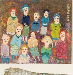 Women and Children, 2000 - Oil Painting of Colourful Figures on Two Boards