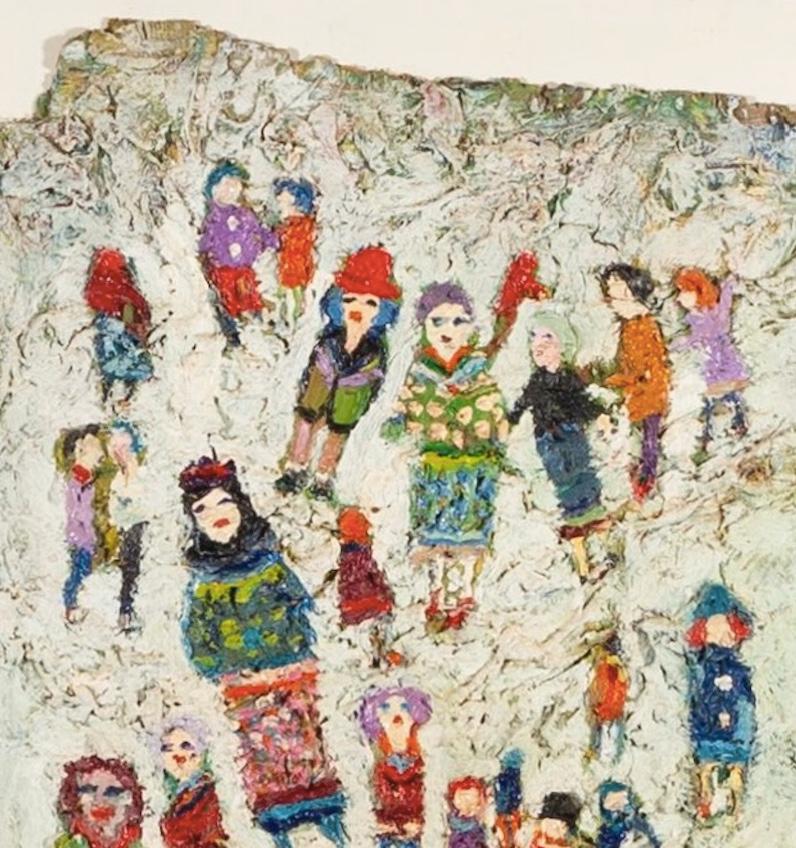 Frauen und Kinder, 2000 - Ölgemälde mit bunten Figuren auf zwei Bändern (Beige), Portrait Painting, von Fred Yates