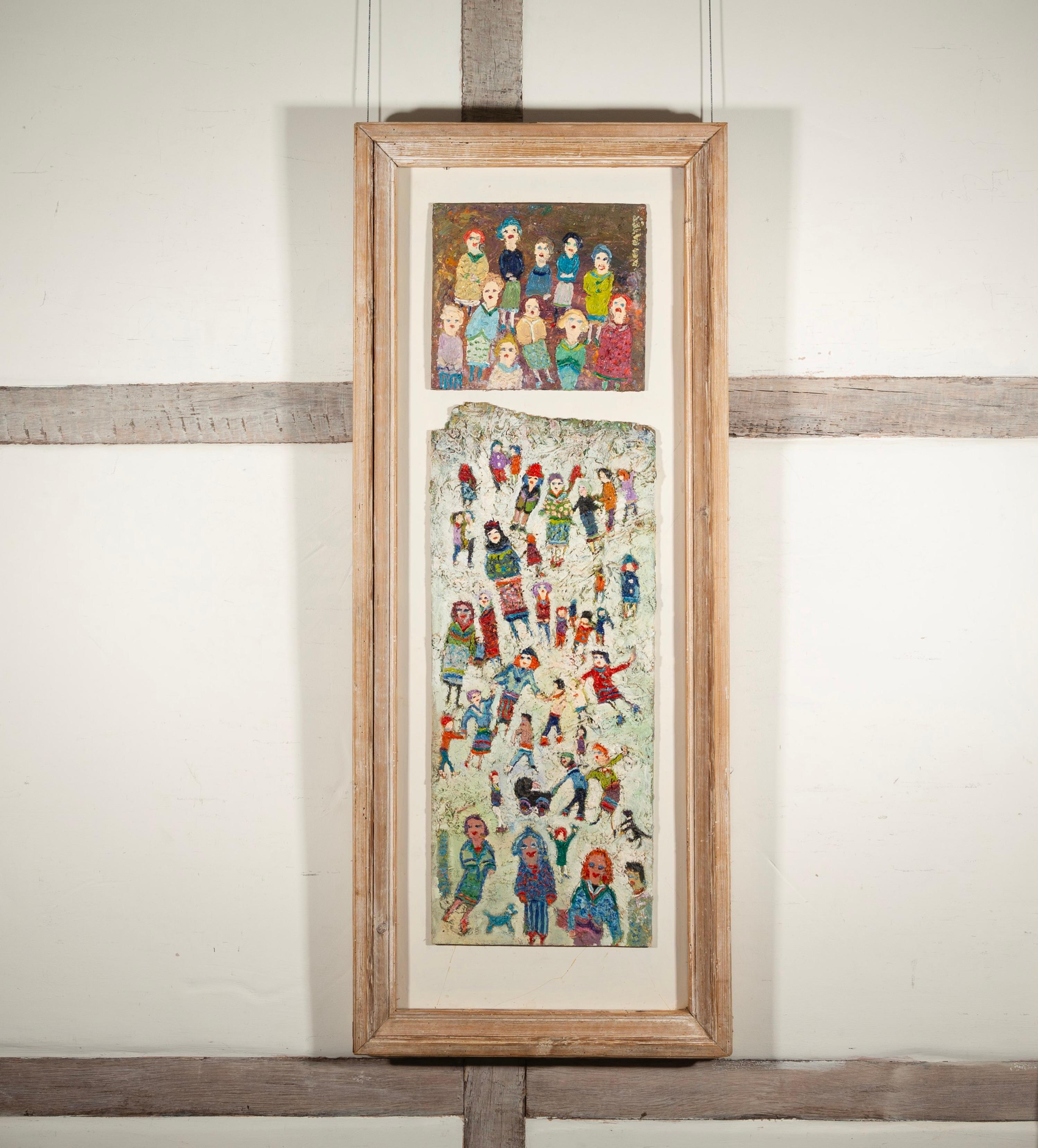 Fred Yates Portrait Painting – Frauen und Kinder, 2000 - Ölgemälde mit bunten Figuren auf zwei Bändern