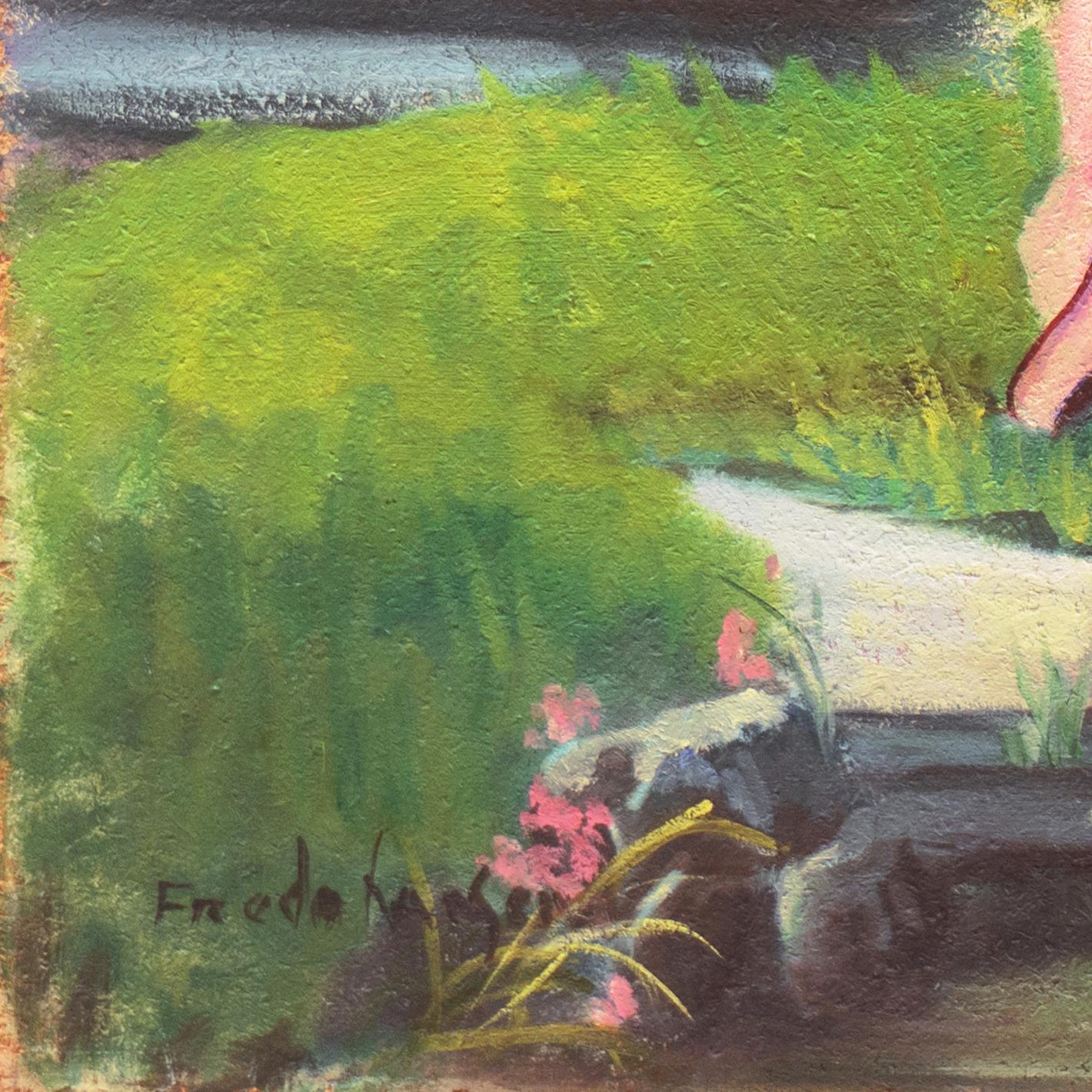 'Ladies in a Japanese Garden', Alameda Art Association, California - Painting by Freda Hansen