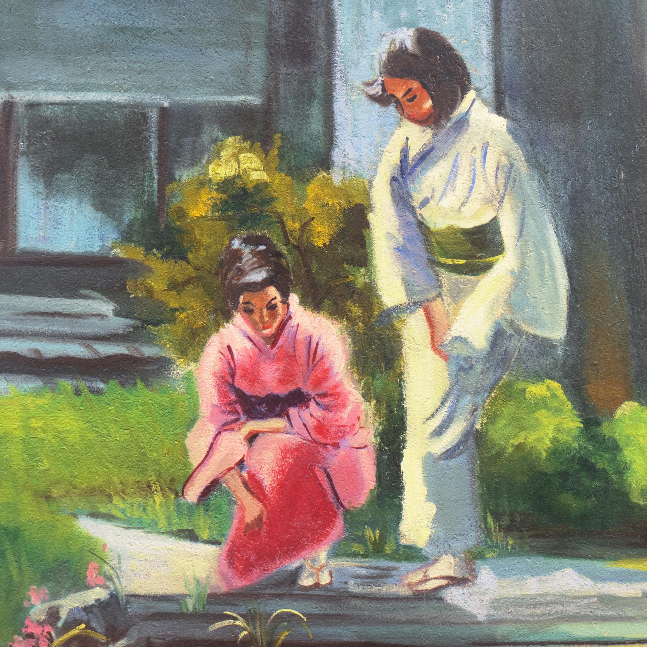 'Ladies in a Japanese Garden', Alameda Art Association, California - Gray Figurative Painting by Freda Hansen