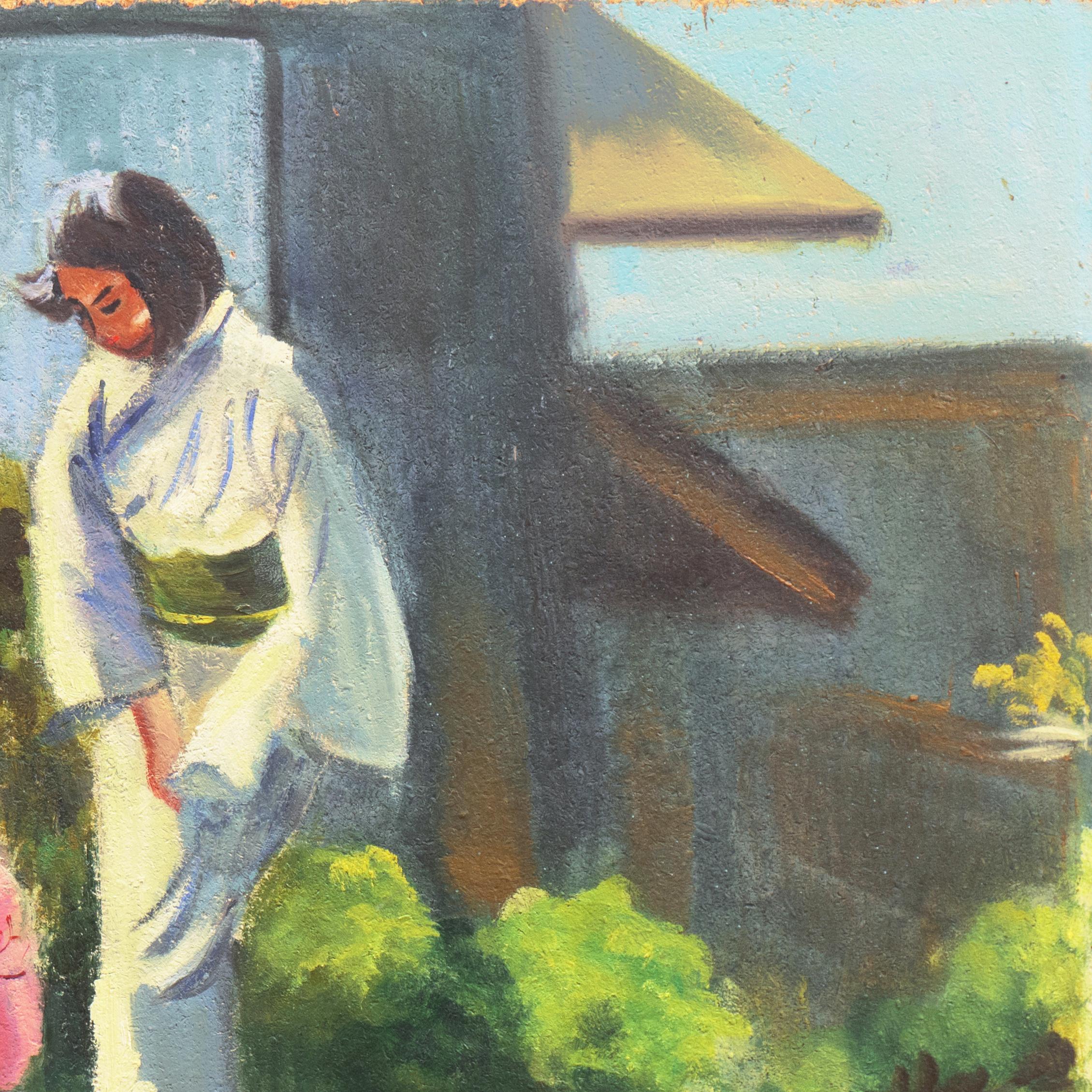 Signed lower left, 'Freda L. Hansen' (American, 20th century) and painted circa 1965; bearing, verso, Alameda Art Association label with artist information and titled, 'Ladies in a Garden'. 

A mid-century, figural oil of two Japanese women dressed