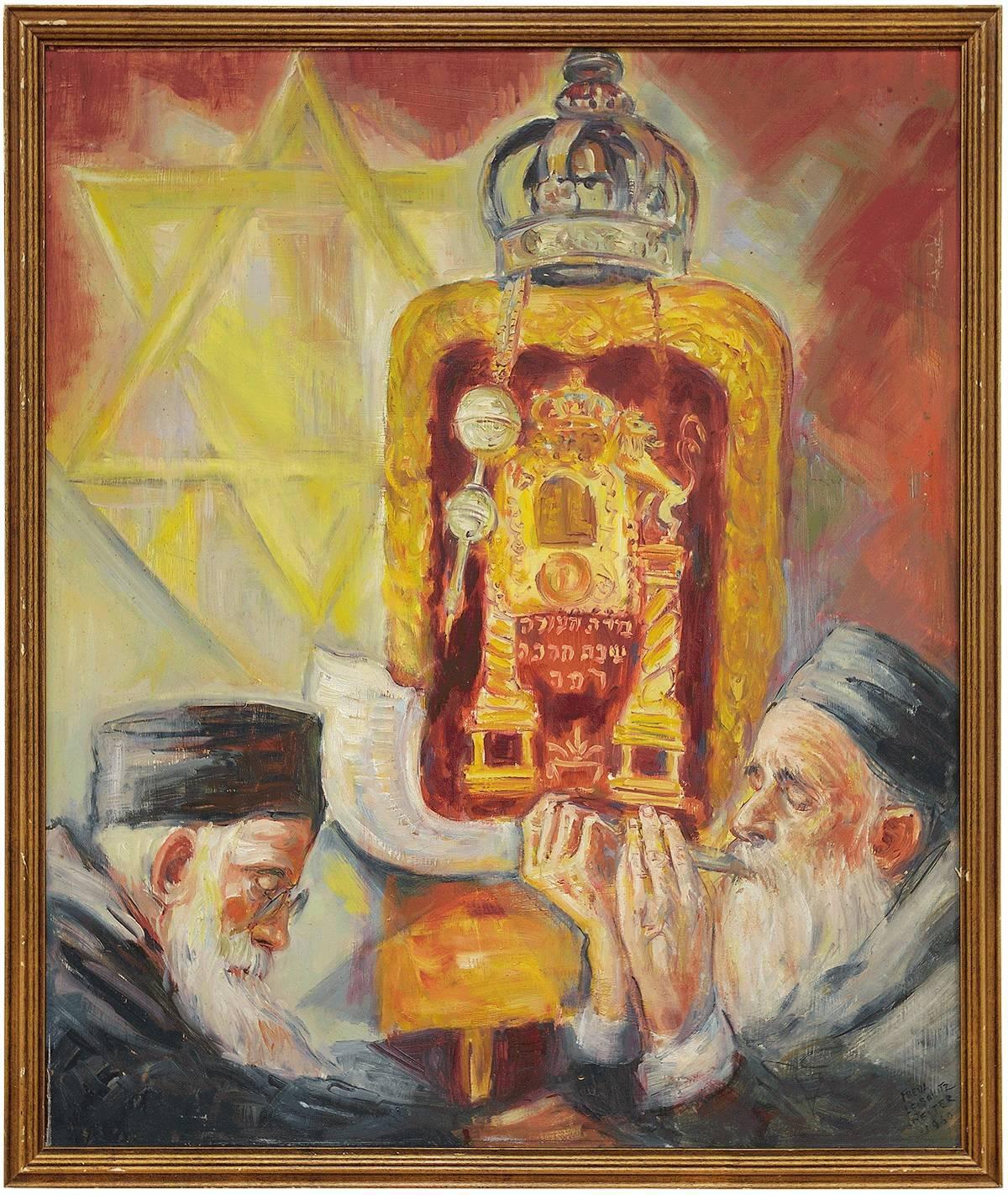 Figurative Painting di Freda Leibovitz Reiter - Pittura a olio Shofar Judaica delle Feste