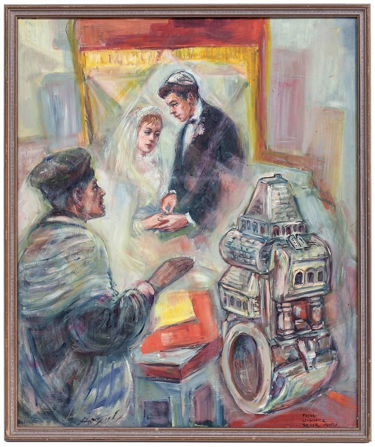 Freda Leibovitz Reiter Figurative Painting - Jewish Wedding Chuppah and Marriage Ring Painting