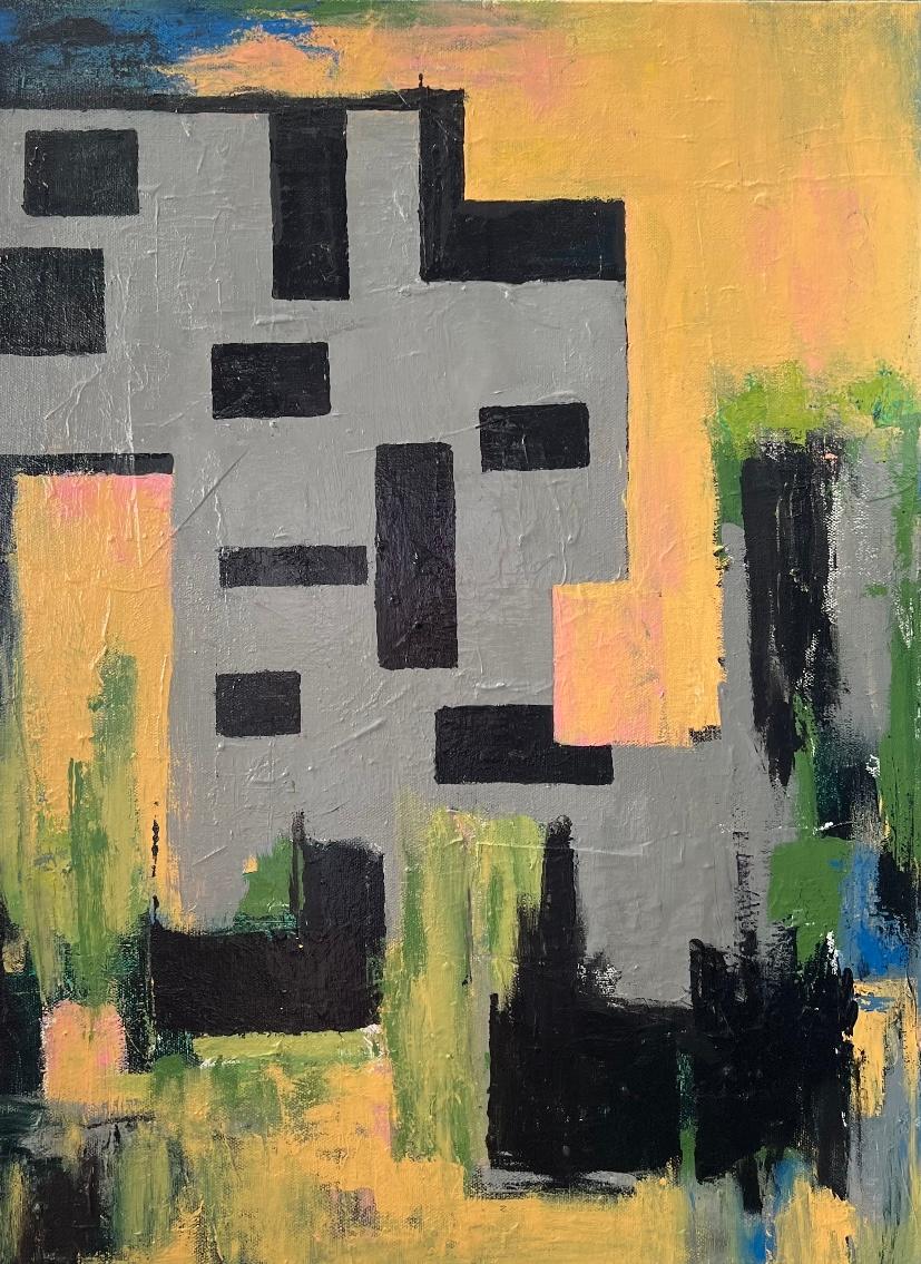 Fredda Tone Abstract Painting – 111, kühne geometrische und gestische abstrakte Elemente mit grauen, gelben und farbenfrohen Elementen