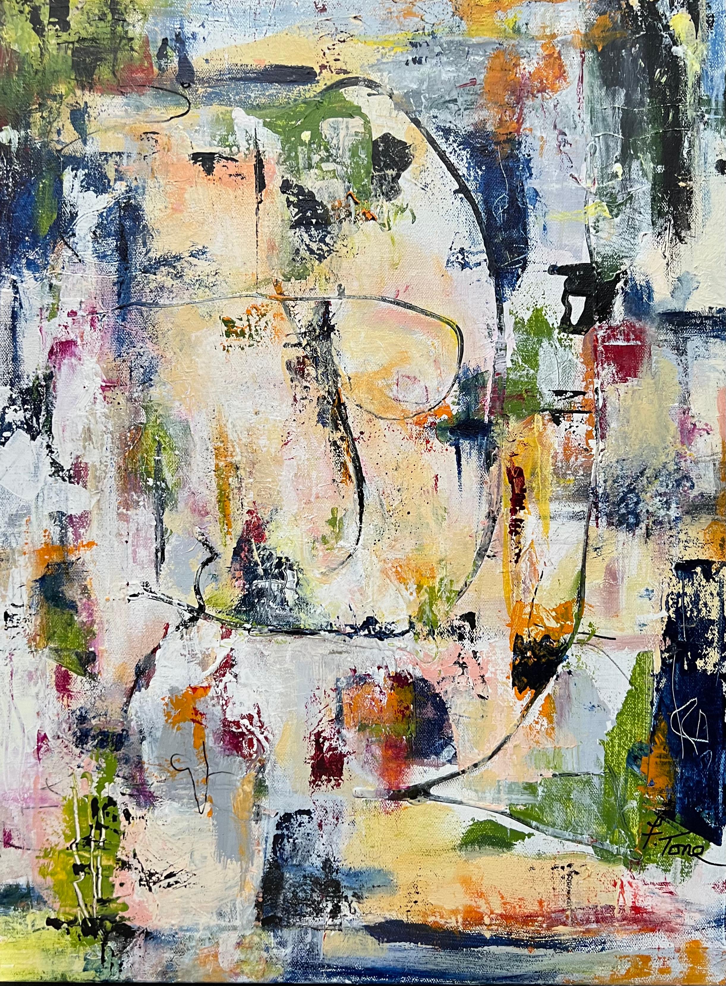 Fredda Tone Abstract Painting – Back to Step One, weißes und leuchtendes organisches abstraktes Gemälde in organischen Farben