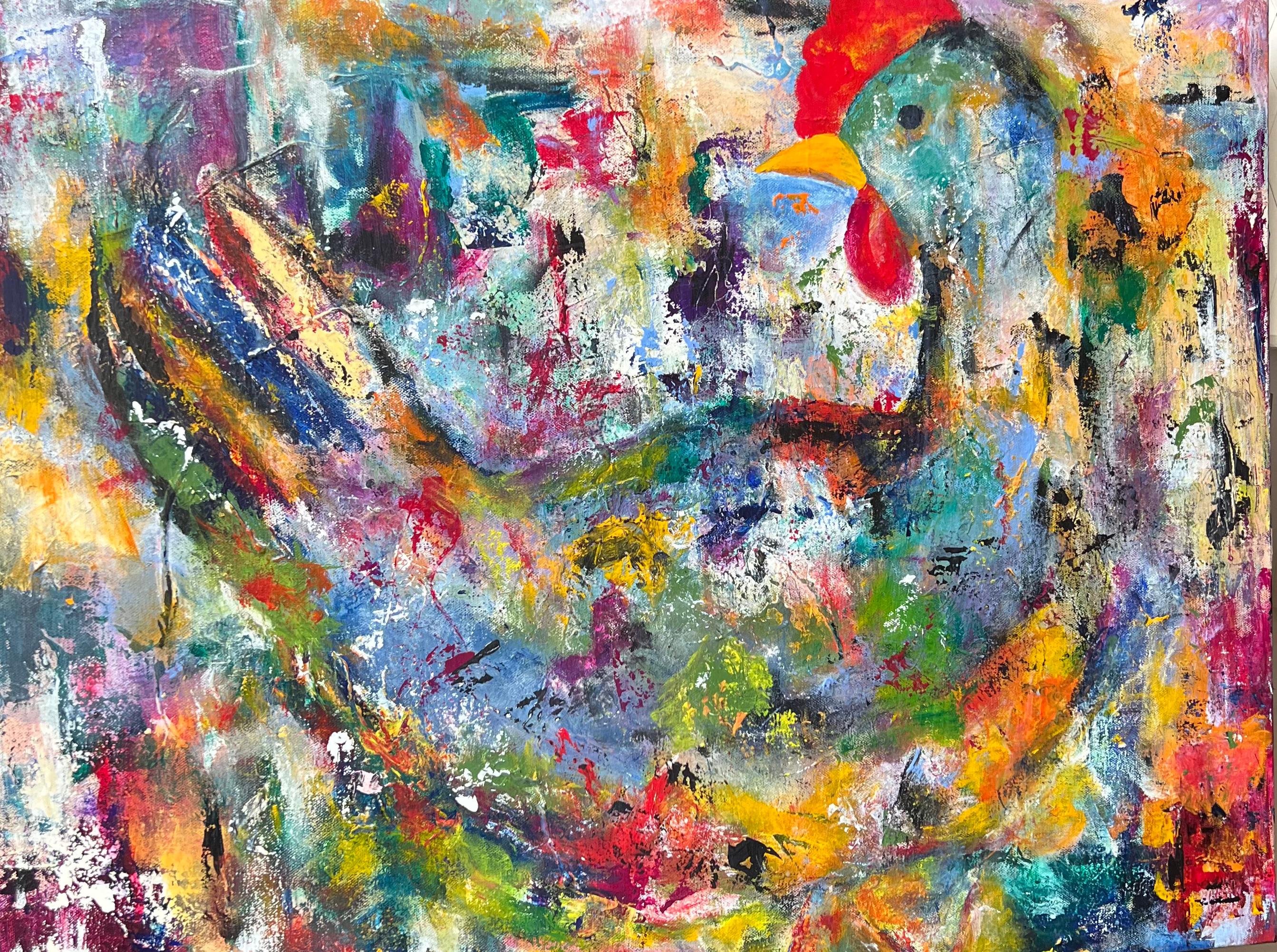 Fredda Tone Abstract Painting – Chicken, lyrische, wilde, leuchtende, humorvolle, farbenfrohe, abstrakte Geste