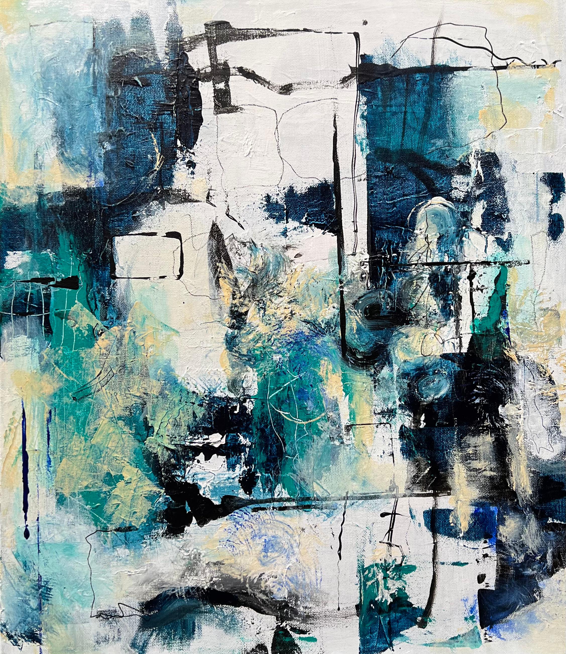 Fredda Tone Abstract Painting - "Chillin", abstract blue & green tones on white ground