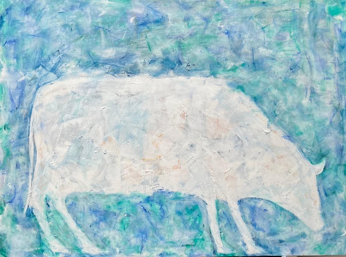 Fredda Tone Abstract Painting - Cow, abstracted cow soft blue, white