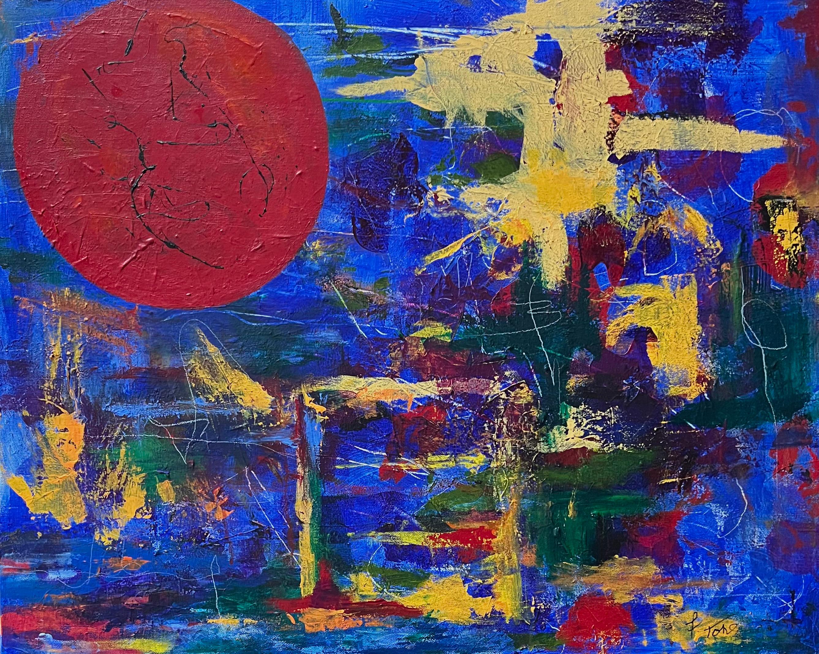 Fredda Tone Abstract Painting – Zeitgenössische kubistische Abstraktion in leuchtendem Blau, Rot und bunten Farben, sehr kühn