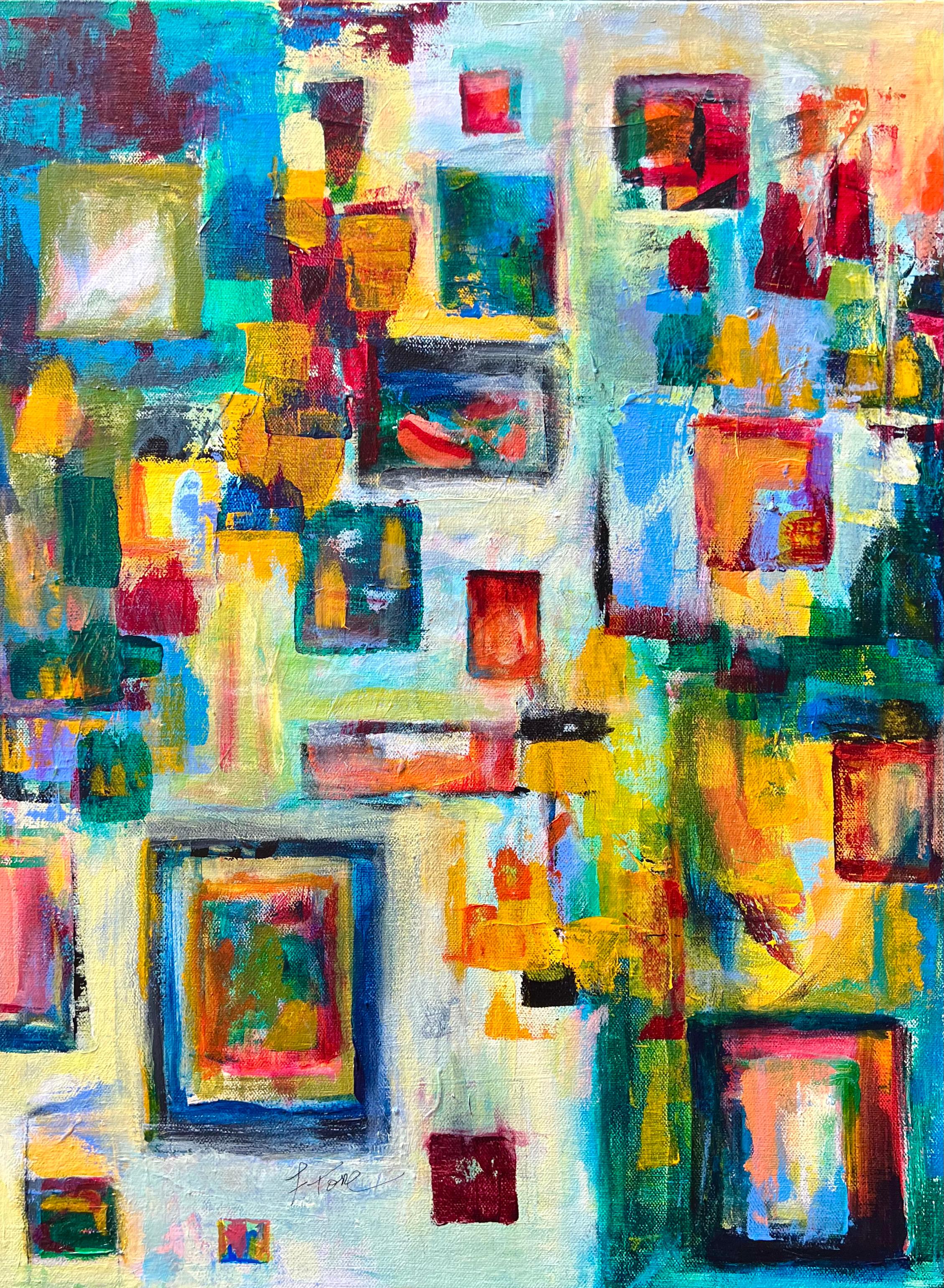Fredda Tone Abstract Painting - Learn How to Float, bright color abstract painting, blues yellows reds