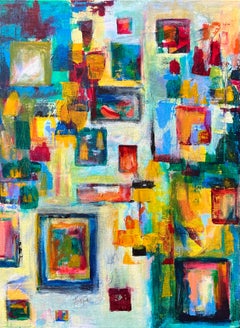 Learn How to Float, bright color abstract painting, blues yellows reds
