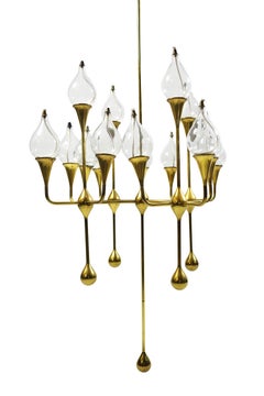 Freddie Andersen Midcentury 12-Arm Brass Oil Lamp Candelabra Chandelier