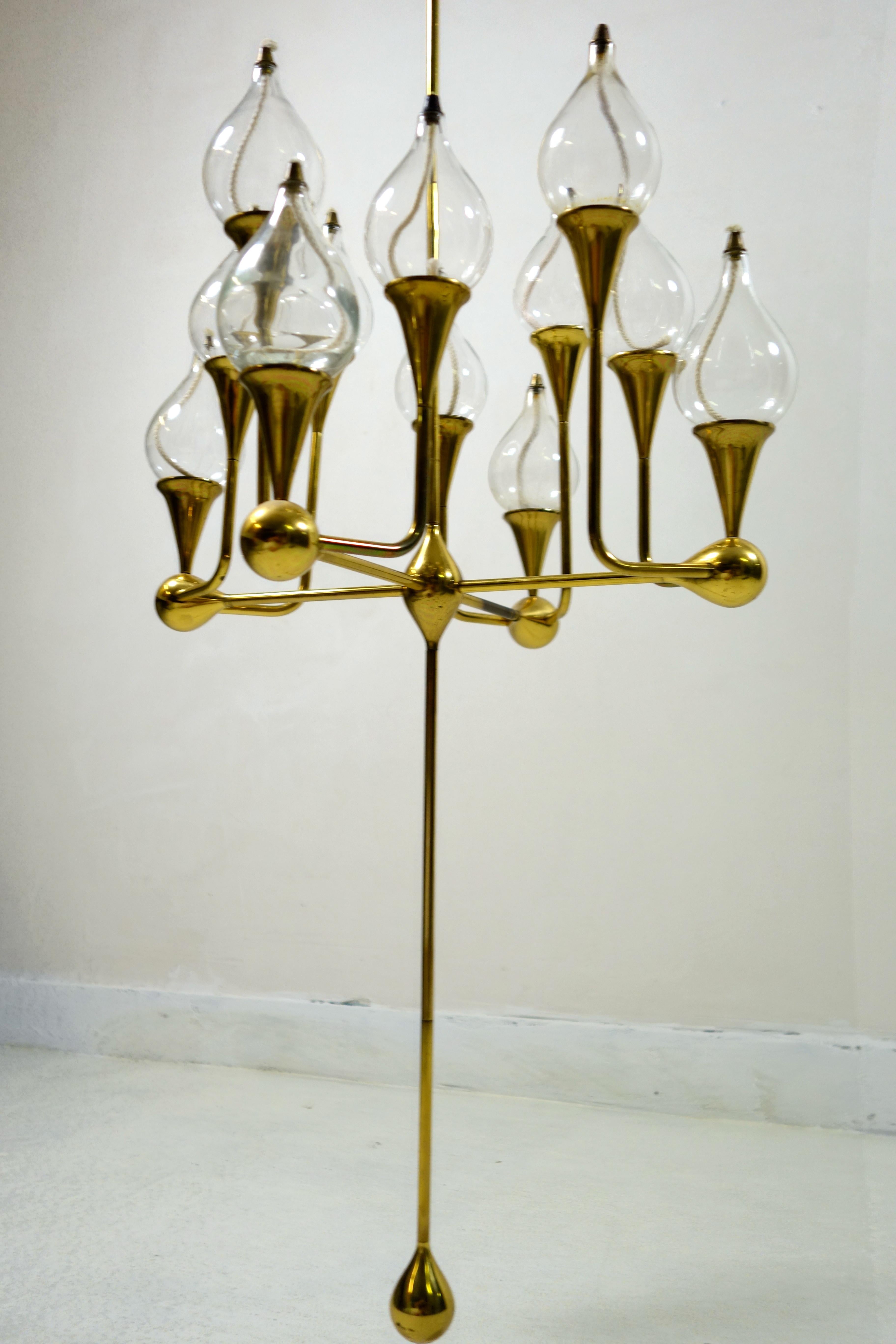 German Freddie Andersen Midcentury 12-Arm Brass Oil Lamp Candelabra Chandelier For Sale
