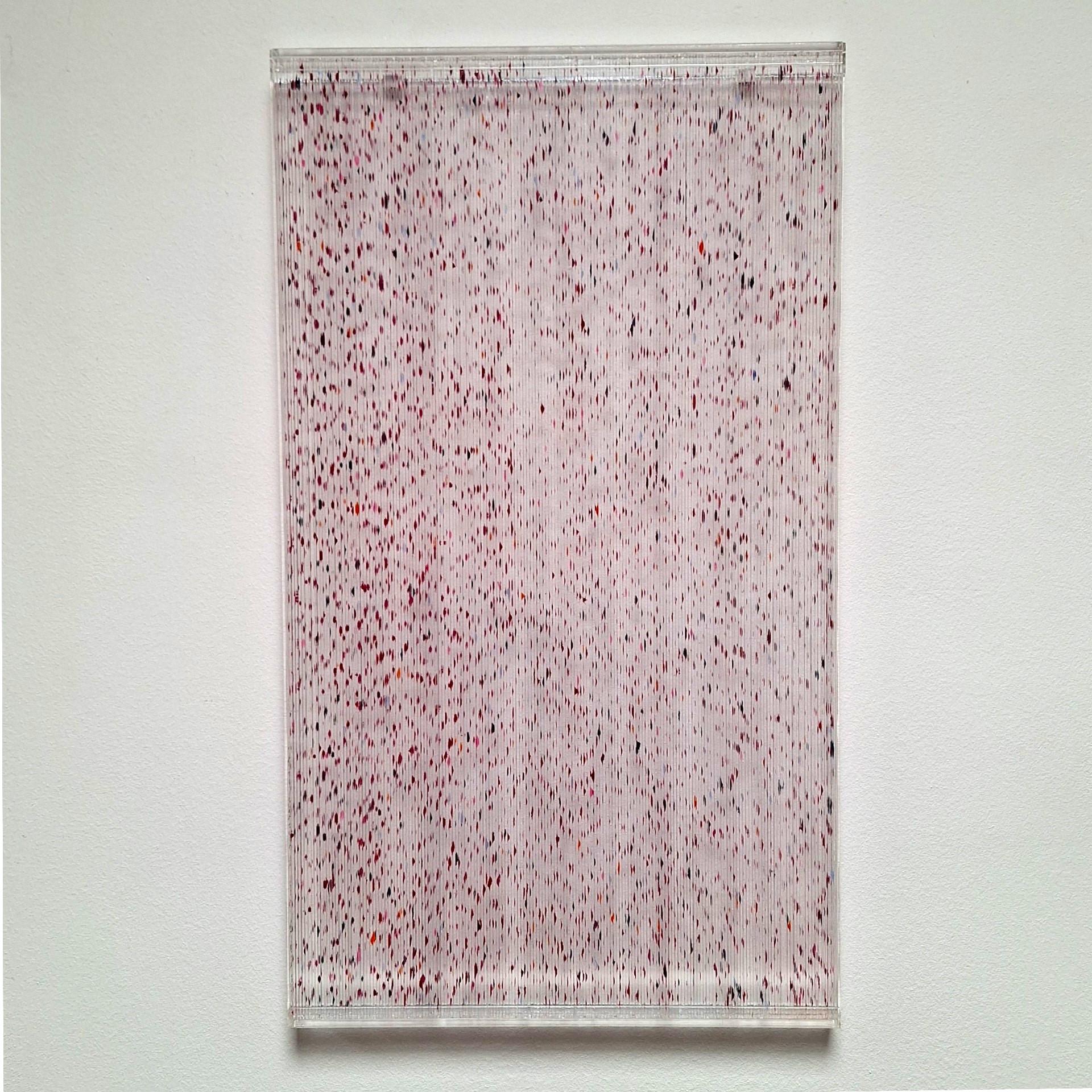 Farbenlichthaut no. 140 is a contemporary modern organic sculpture painting relief by German artist Freddie Michael Soethout. The relief is made from a few hundred of hand-cut two millimeter thick glass strips covered with a dotted organic pattern