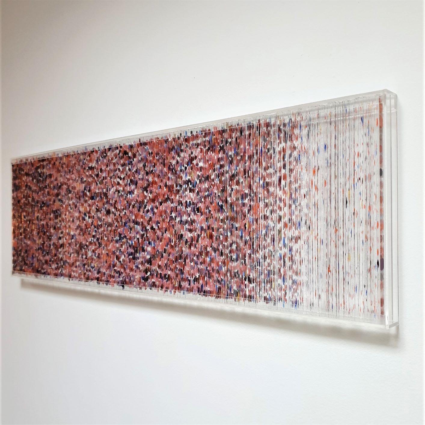 Farbenlichthaut no. 150 is a contemporary modern organic sculpture painting relief by German artist Freddie Michael Soethout. The relief is made from dozens of hand-cut two millimeter thick glass strips covered with a multicoloured dotted organic