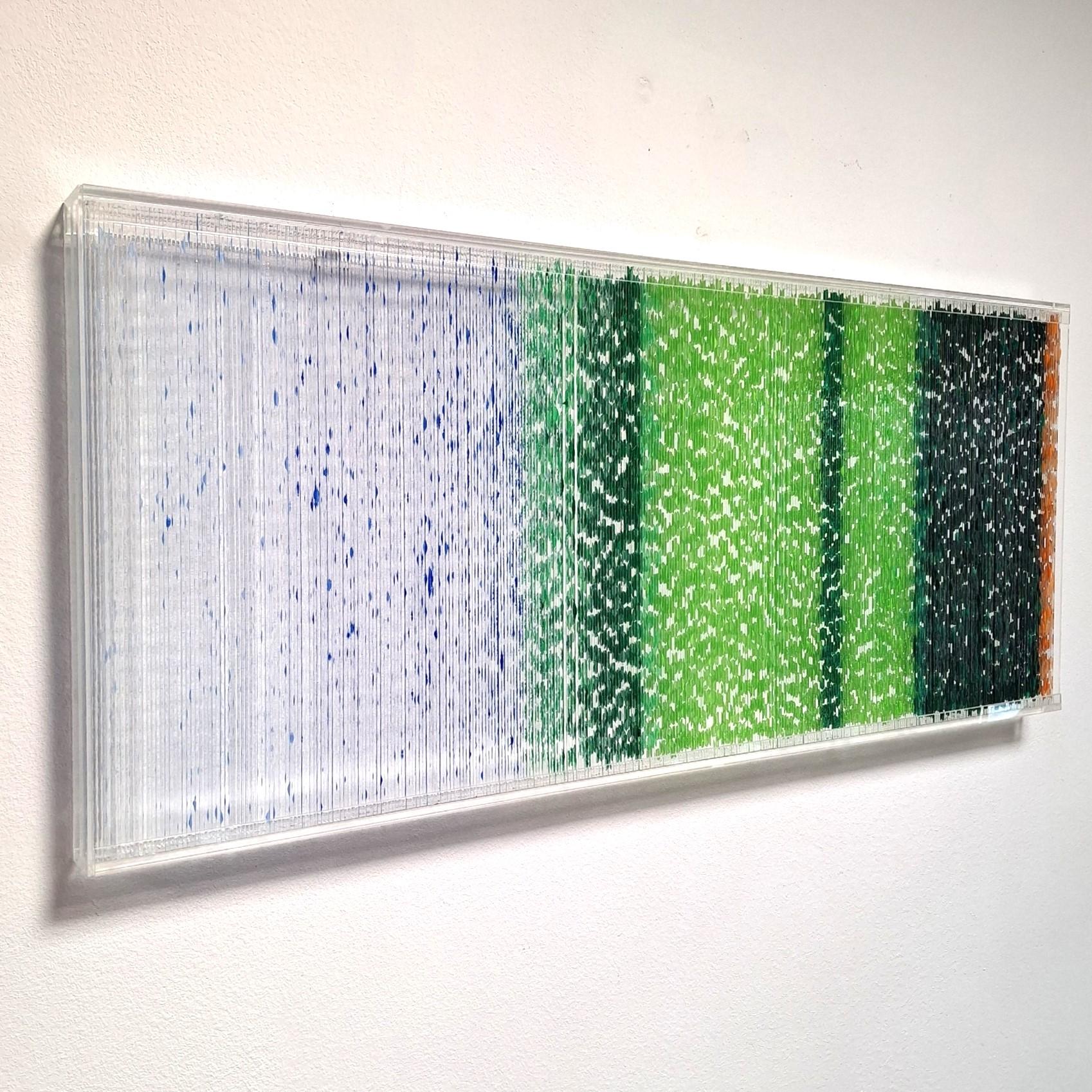 Farbenlichthaut no. 167 is a contemporary modern organic sculpture painting relief by German artist Freddie Michael Soethout. The relief is made from a few hundred of hand-cut two millimeter thick glass strips covered with a dotted organic pattern