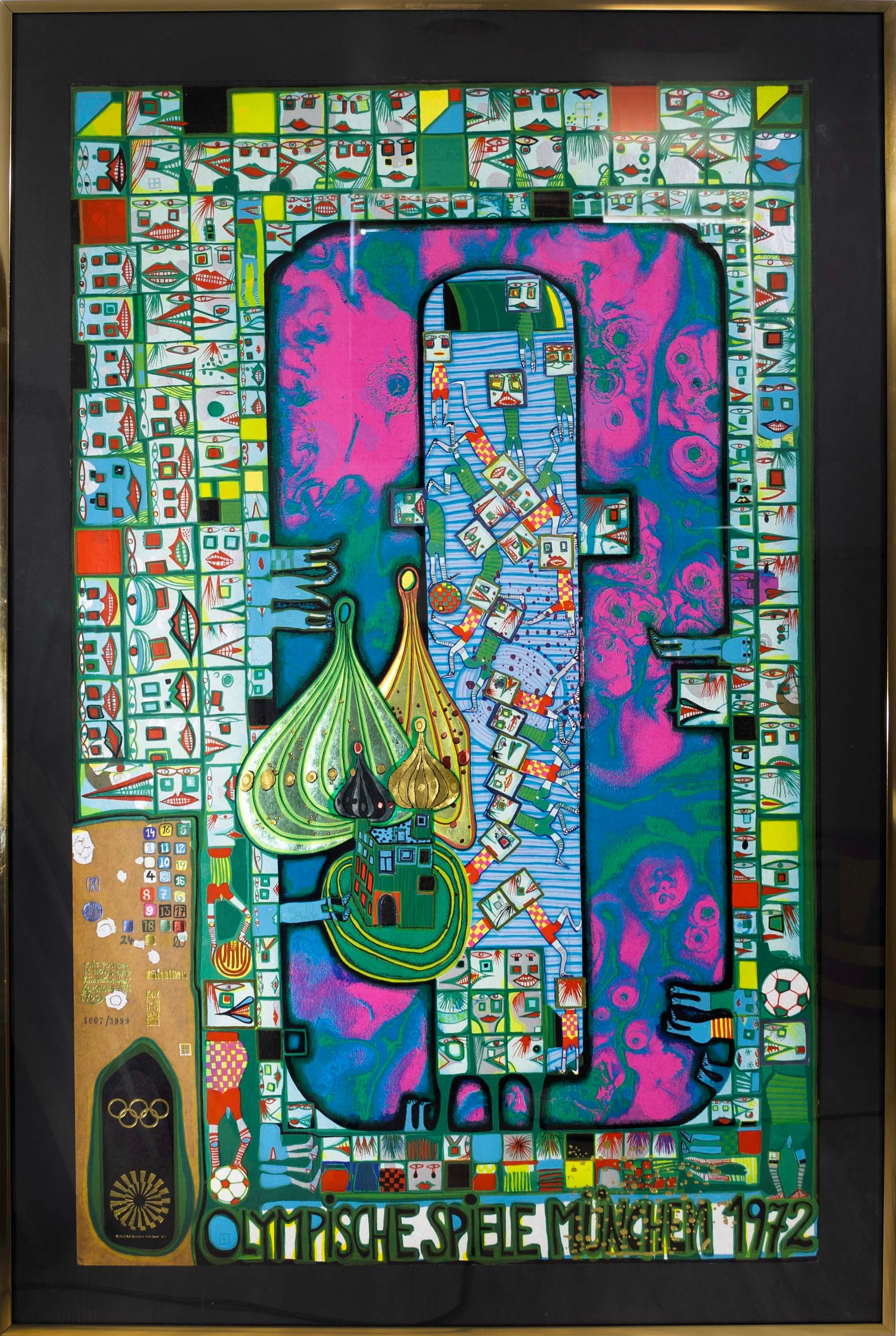 An offset lithograph with foil embossing depicting the Munich Olympics by Austrian artist Fredensreich Hundertwasser. Printed in 1982. Published by GmbH, 1971. Limited edition 1007/3999. Hundertwasser (1928-2000) was a visual artist as well as an