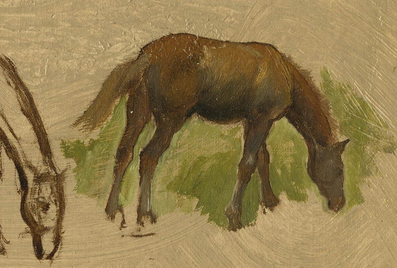Oil Study of Two Horses - Brown Animal Painting by Frederic A. Bridgeman