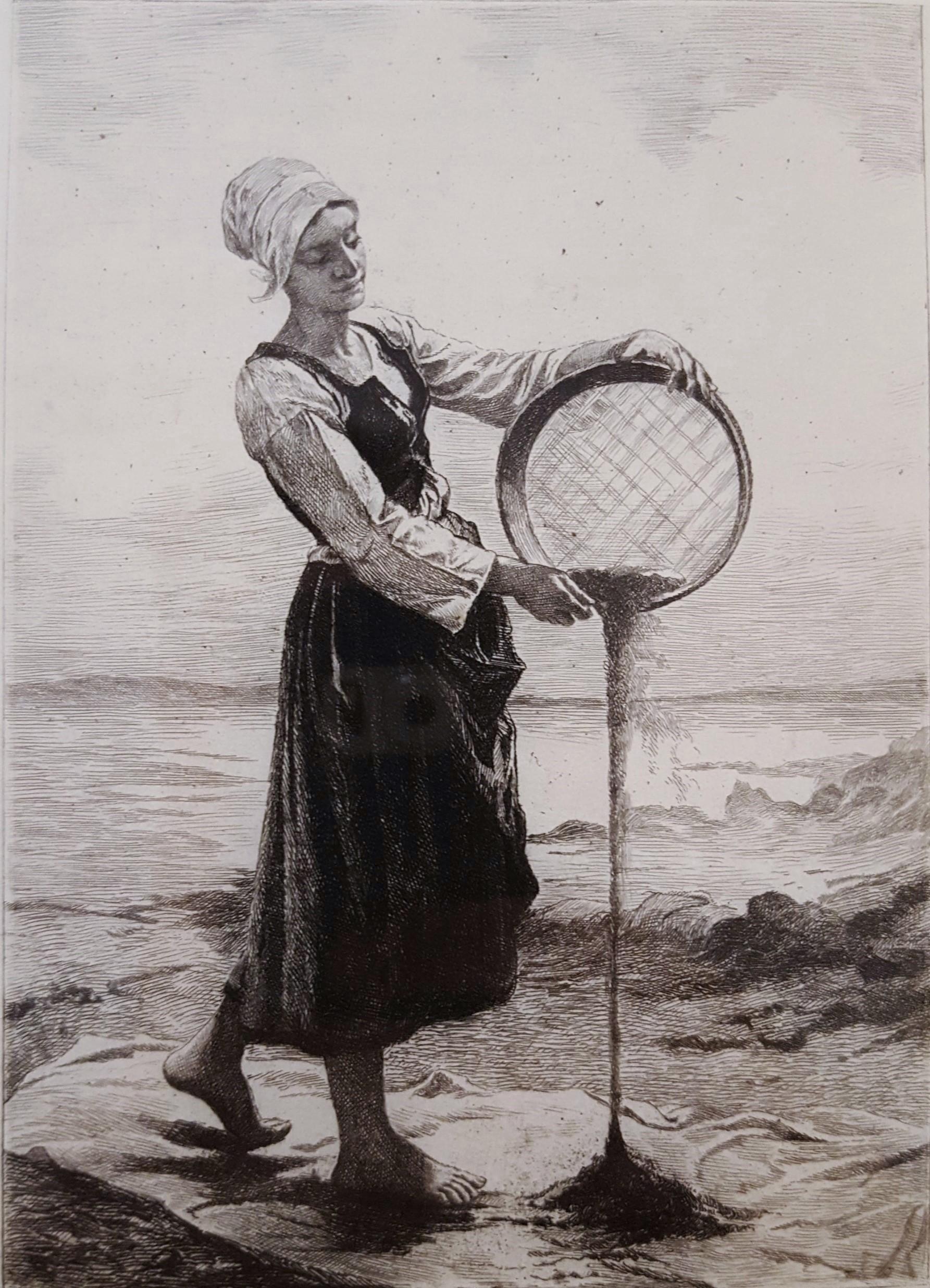 Frédéric-Auguste La Guillermie Figurative Print - Young Bretonne Winnowing Buckwheat by the Sea