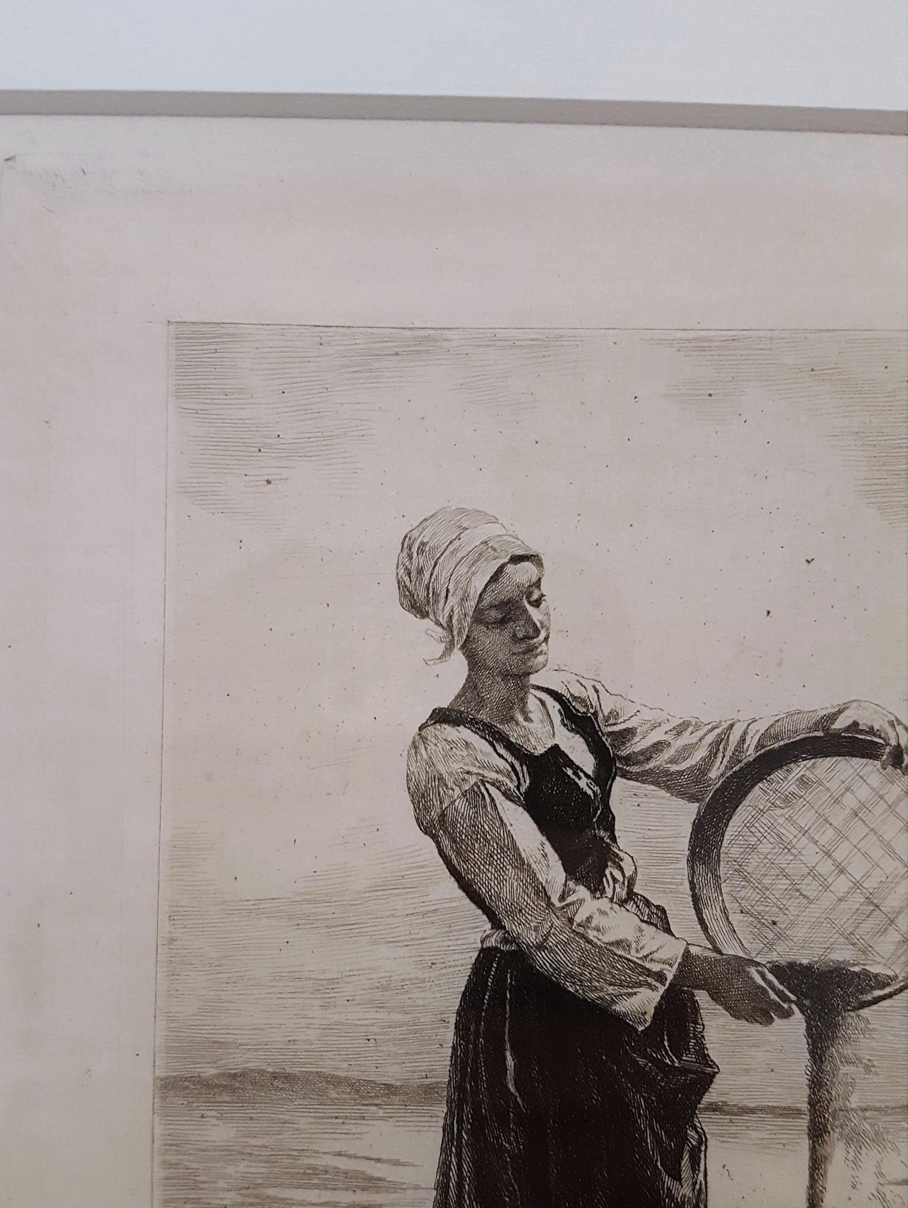 Young Bretonne Winnowing Buckwheat by the Sea - Barbizon School Print by Frédéric-Auguste La Guillermie