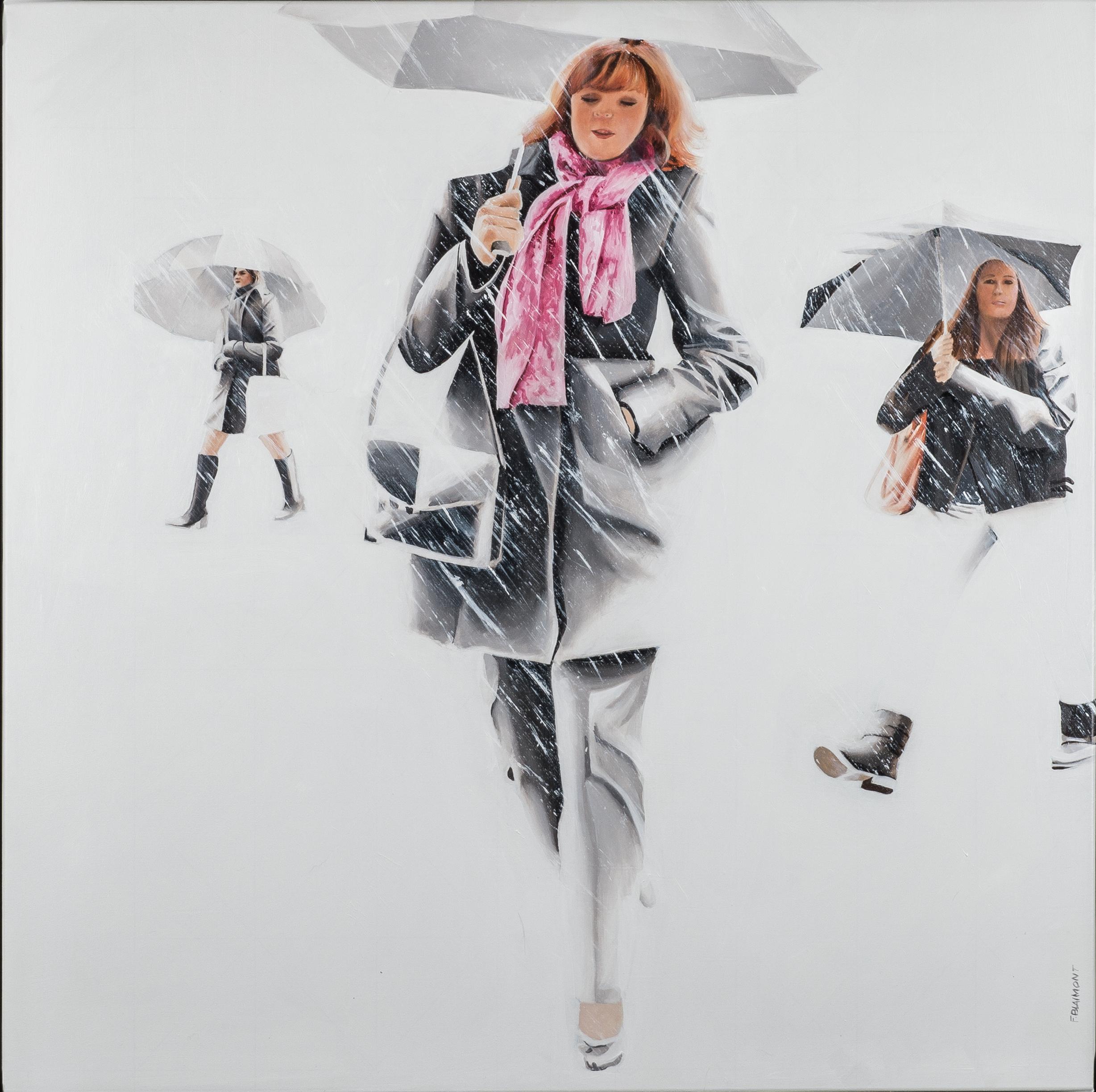 Frédéric Blaimont Figurative Painting - Trois femmes sous la pluie