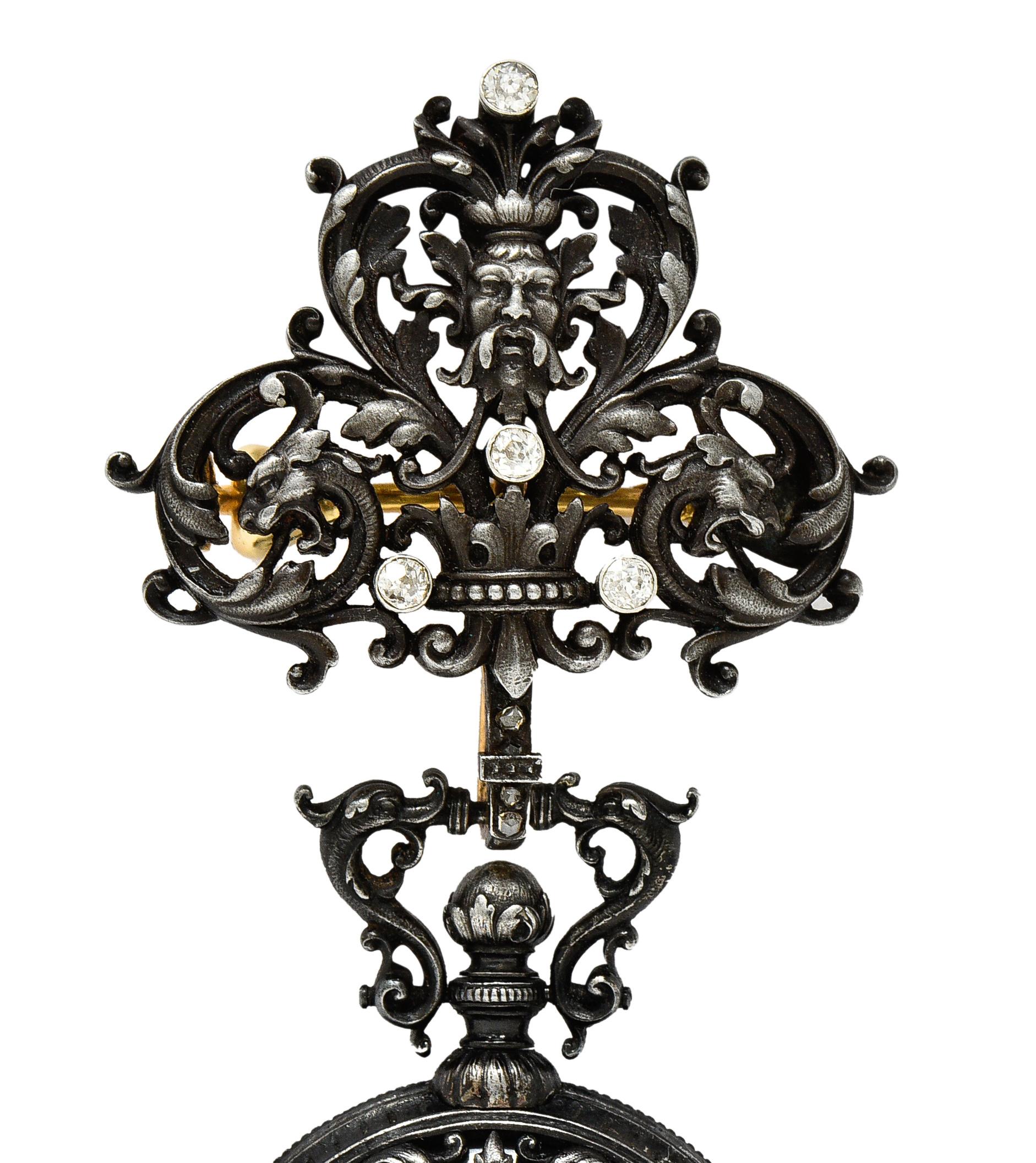Spilla per orologio da tasca Frederic Boucheron in argento diamante e oro giallo 18 carati Greene & Greene 4