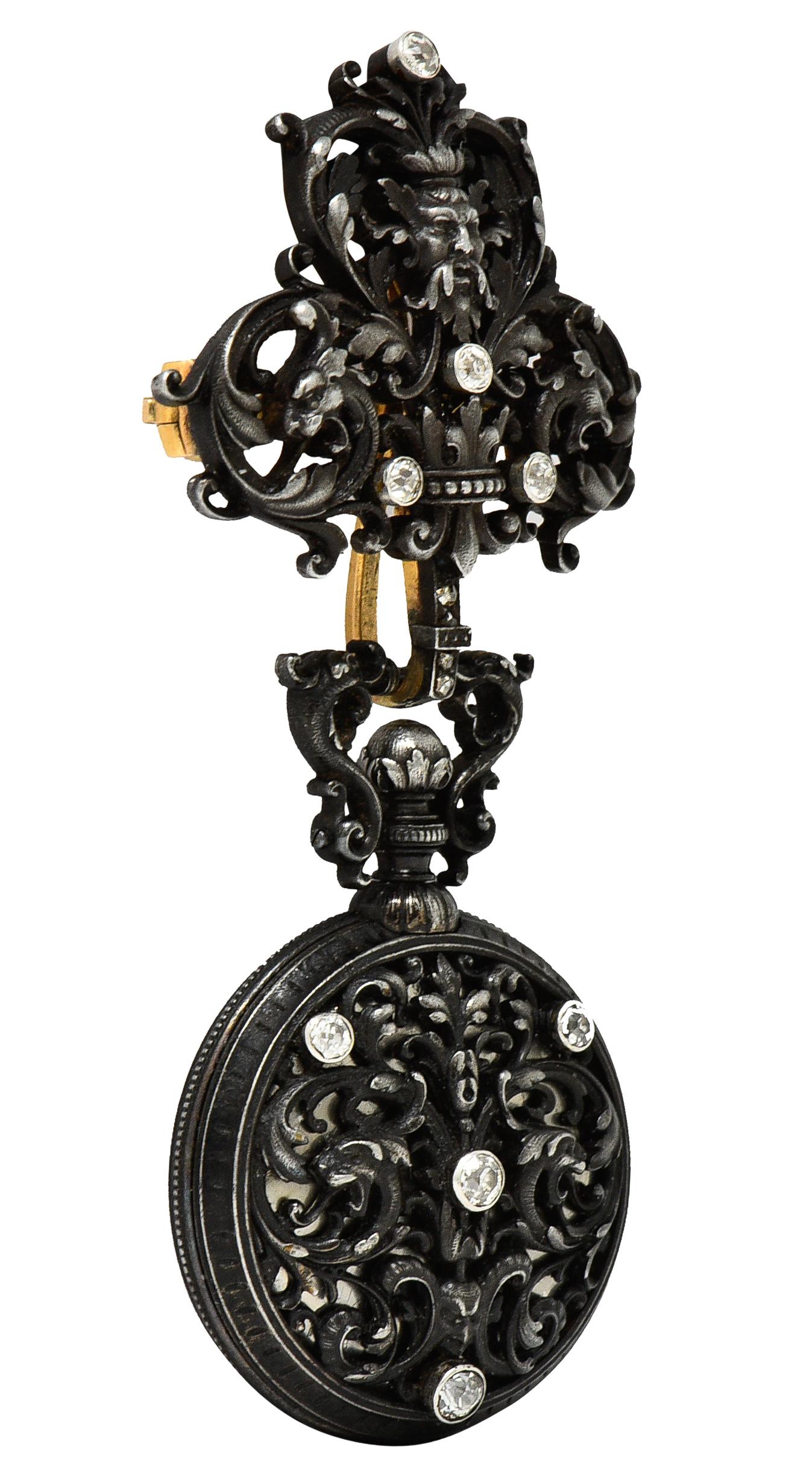 Spilla per orologio da tasca Frederic Boucheron in argento diamante e oro giallo 18 carati Greene & Greene 1