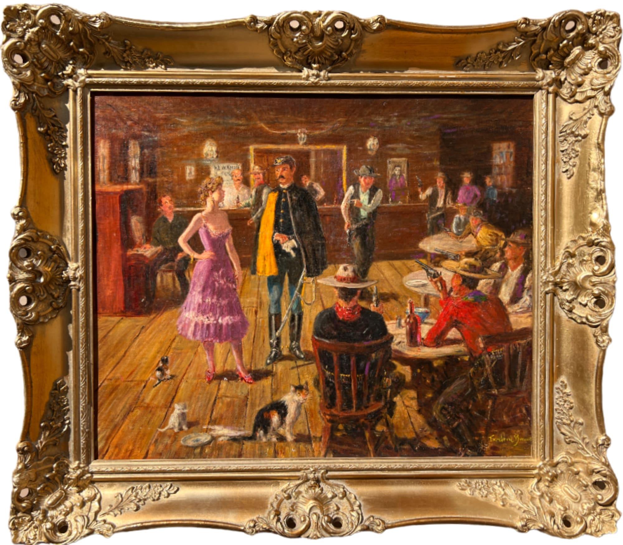 L'artiste américain Frederic Burnett (XX) - Peinture à l'huile sur panneau - Scène occidentale 1