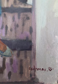 Une femme réfléchie sur la terrasse du bar, peinture à l'huile sur toile