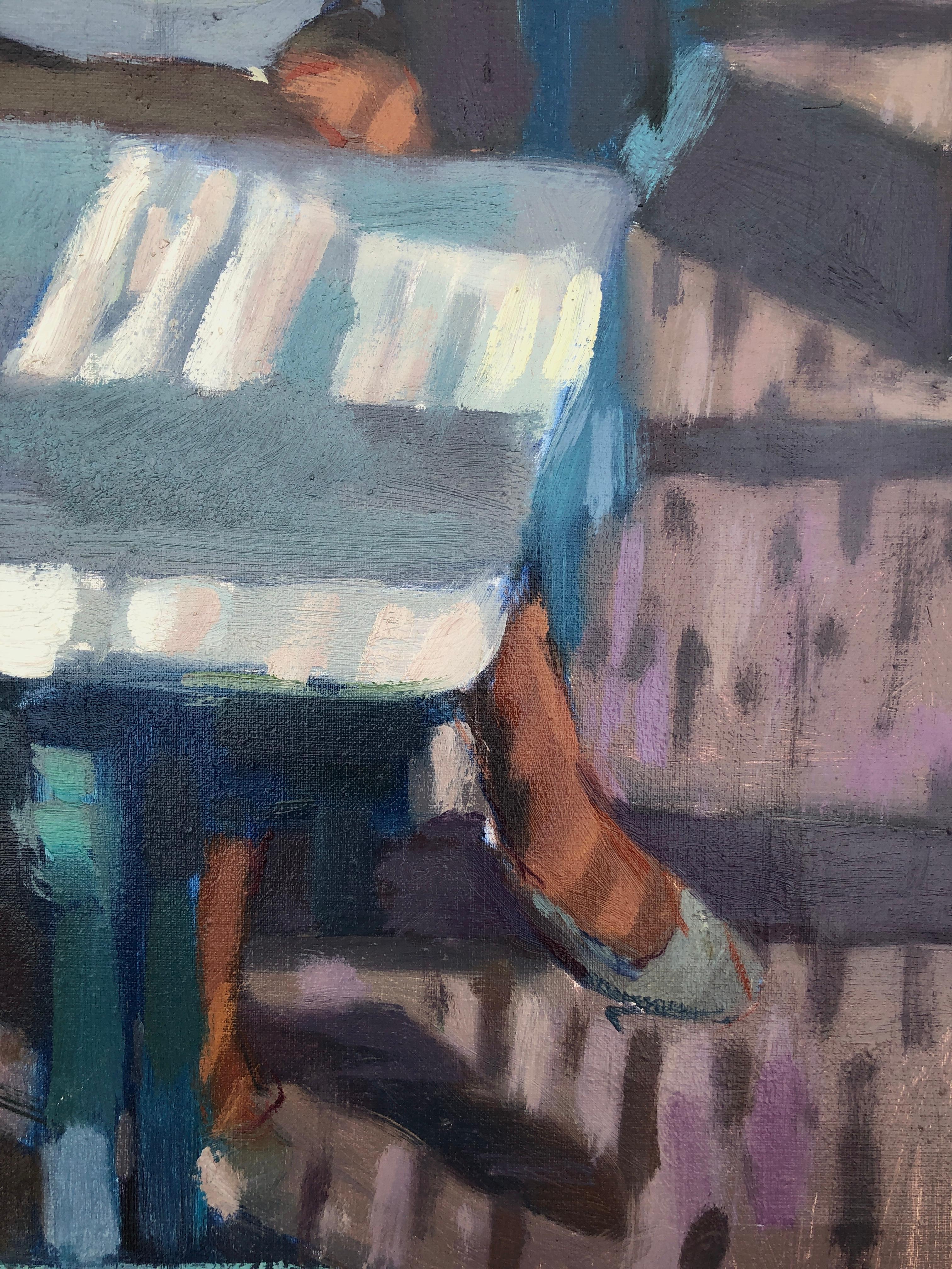 Mujer pensativa en la terraza del bar pintura al óleo sobre lienzo - Painting Fauvista de Frederic Cabanas