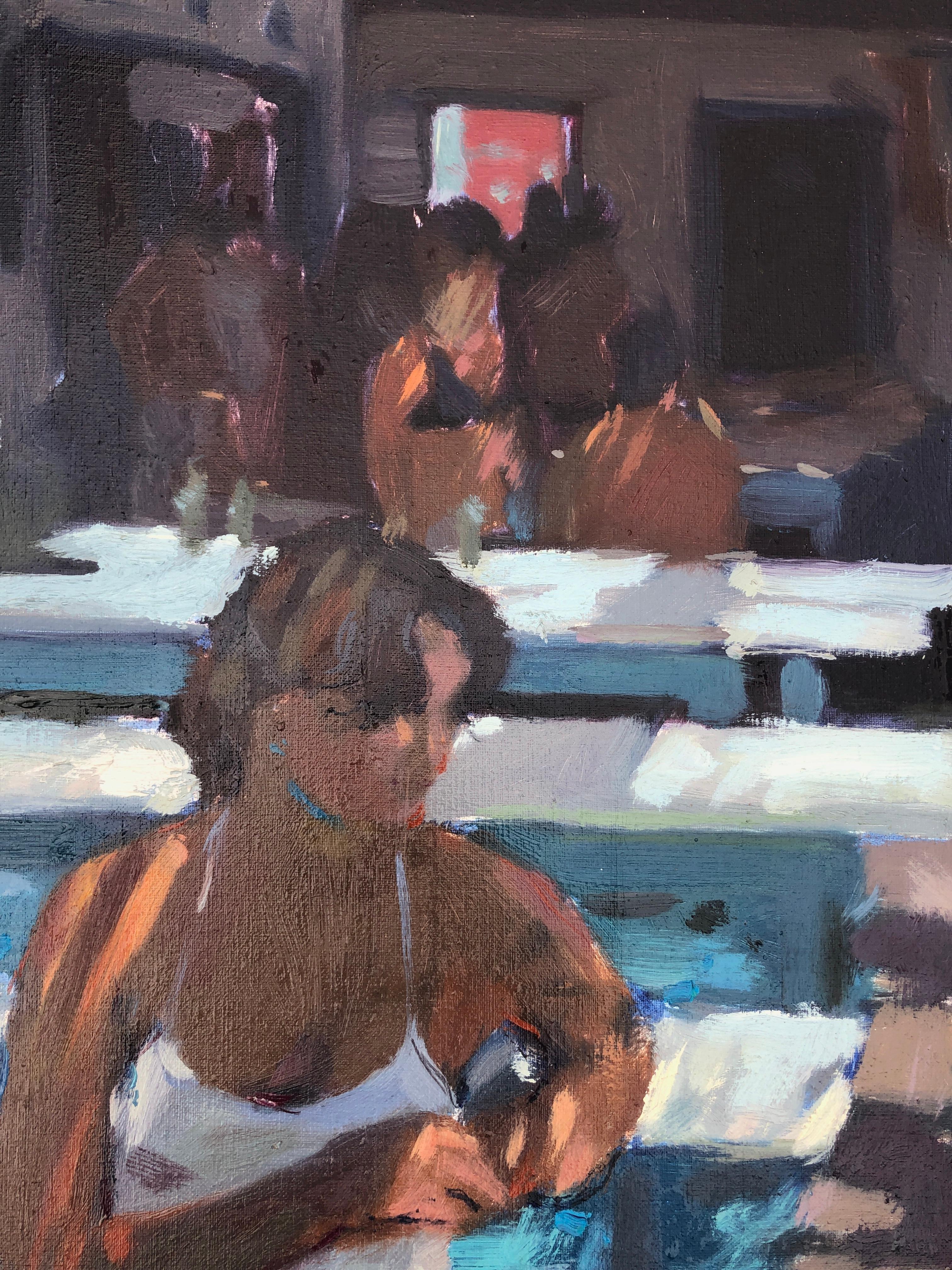 Mujer pensativa en la terraza del bar pintura al óleo sobre lienzo en venta 1