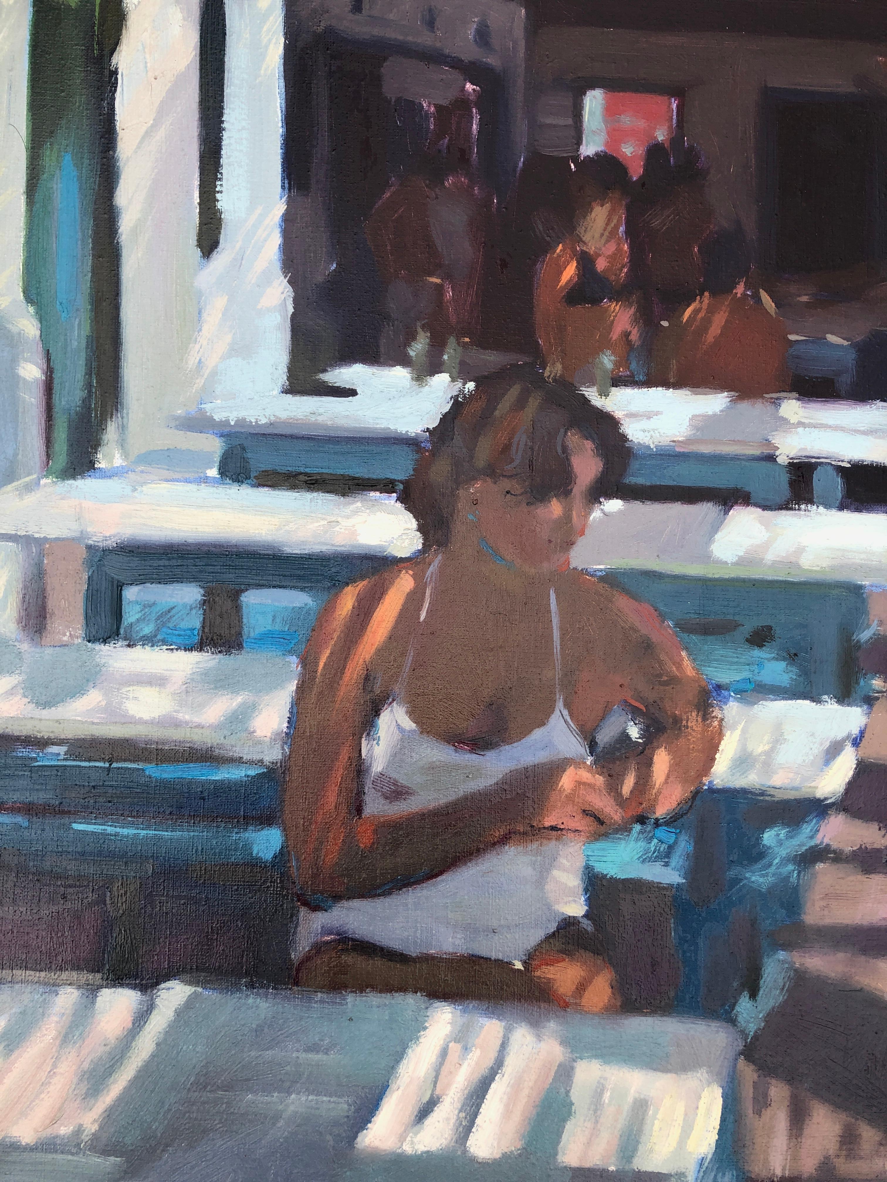 Mujer pensativa en la terraza del bar pintura al óleo sobre lienzo en venta 2