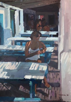 Mujer pensativa en la terraza del bar pintura al óleo sobre lienzo