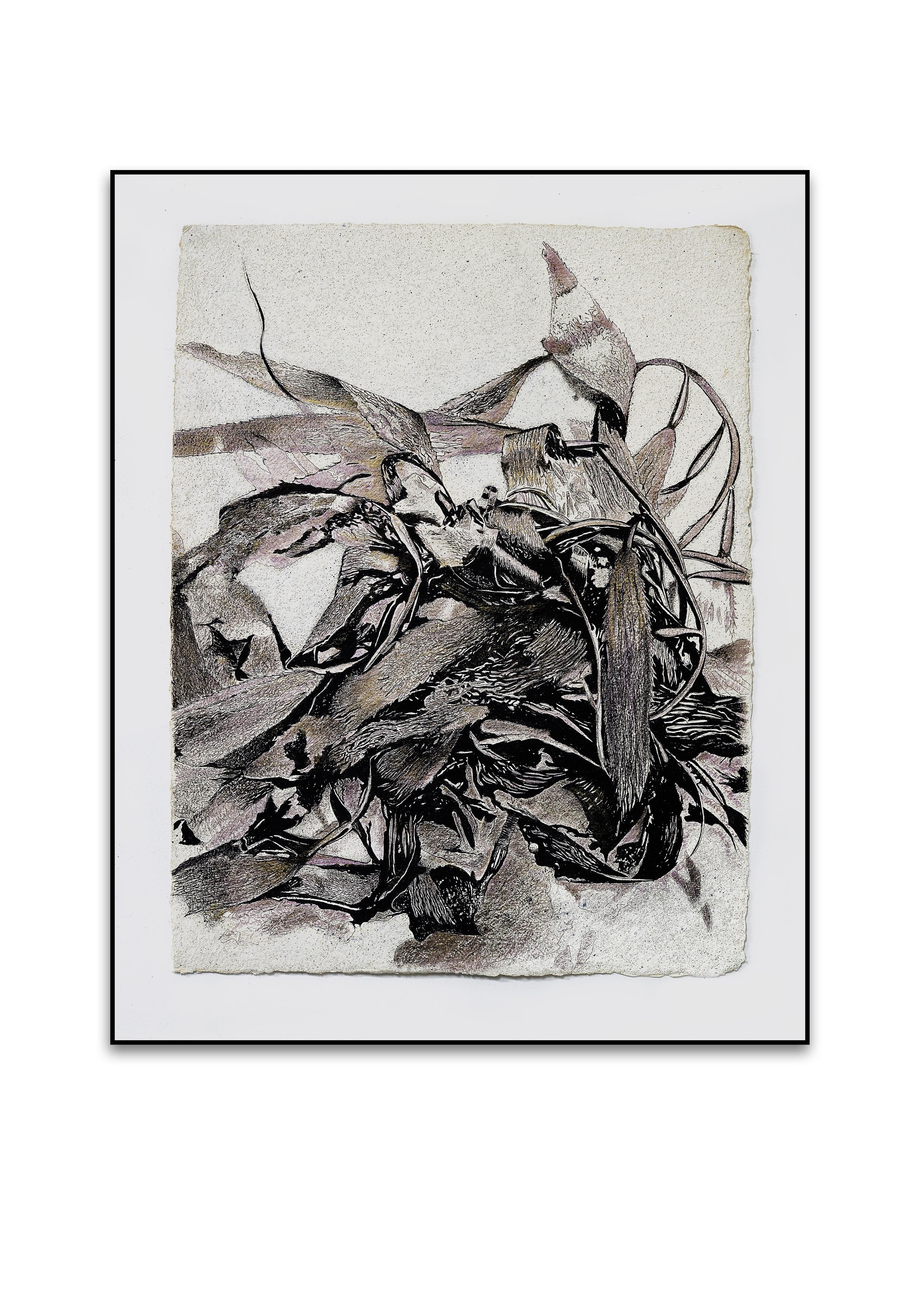 Mixed-media: Sumi Ink, graphite, metallic pigment and acrylic on Moulin de Larroque paper, made by hand in a mill in France. The mixed media work is inspired by seaweed / kelp at a European beach where its — once abundant with life — coast line is