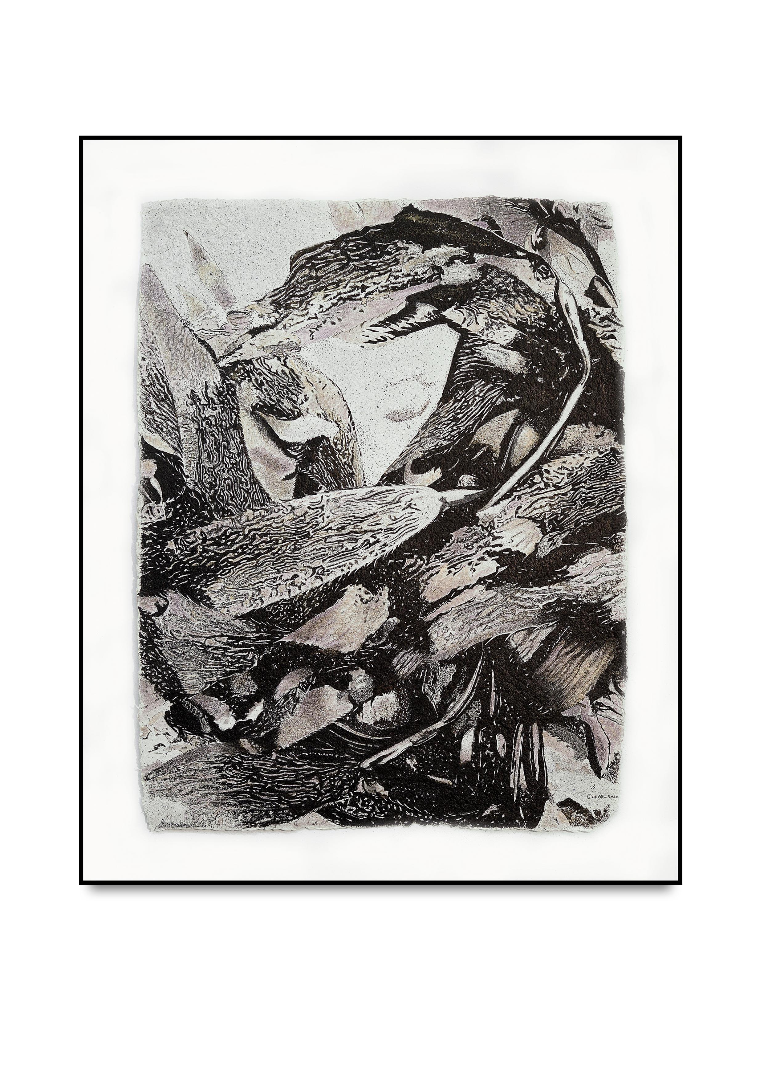 Alga Aligata Nr. 5 – oceanisches, abstrahiertes Werk aus Seetang auf Papier (Gold), Abstract Painting, von Frédéric Choisel