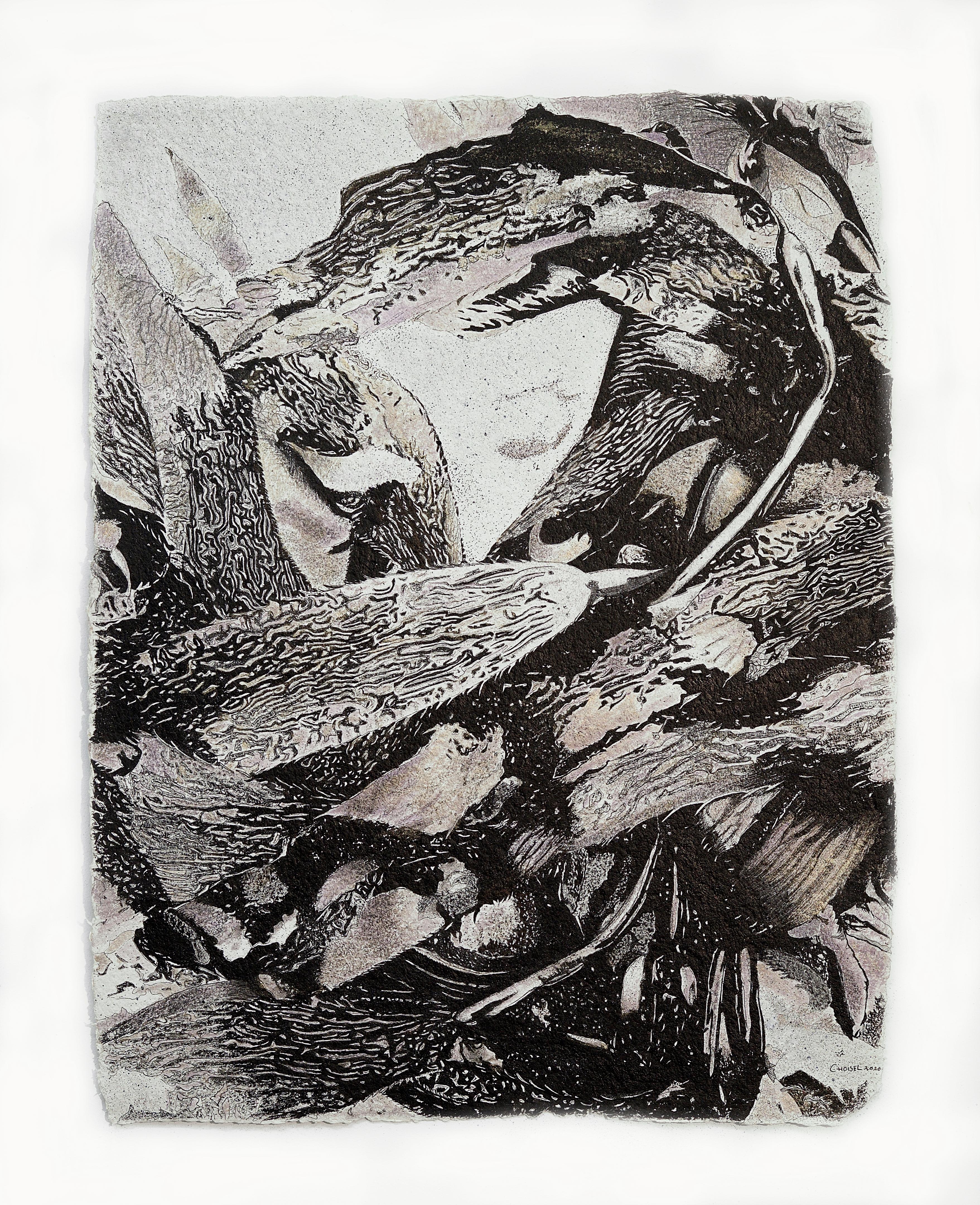 Alga Aligata Nr. 5 – oceanisches, abstrahiertes Werk aus Seetang auf Papier