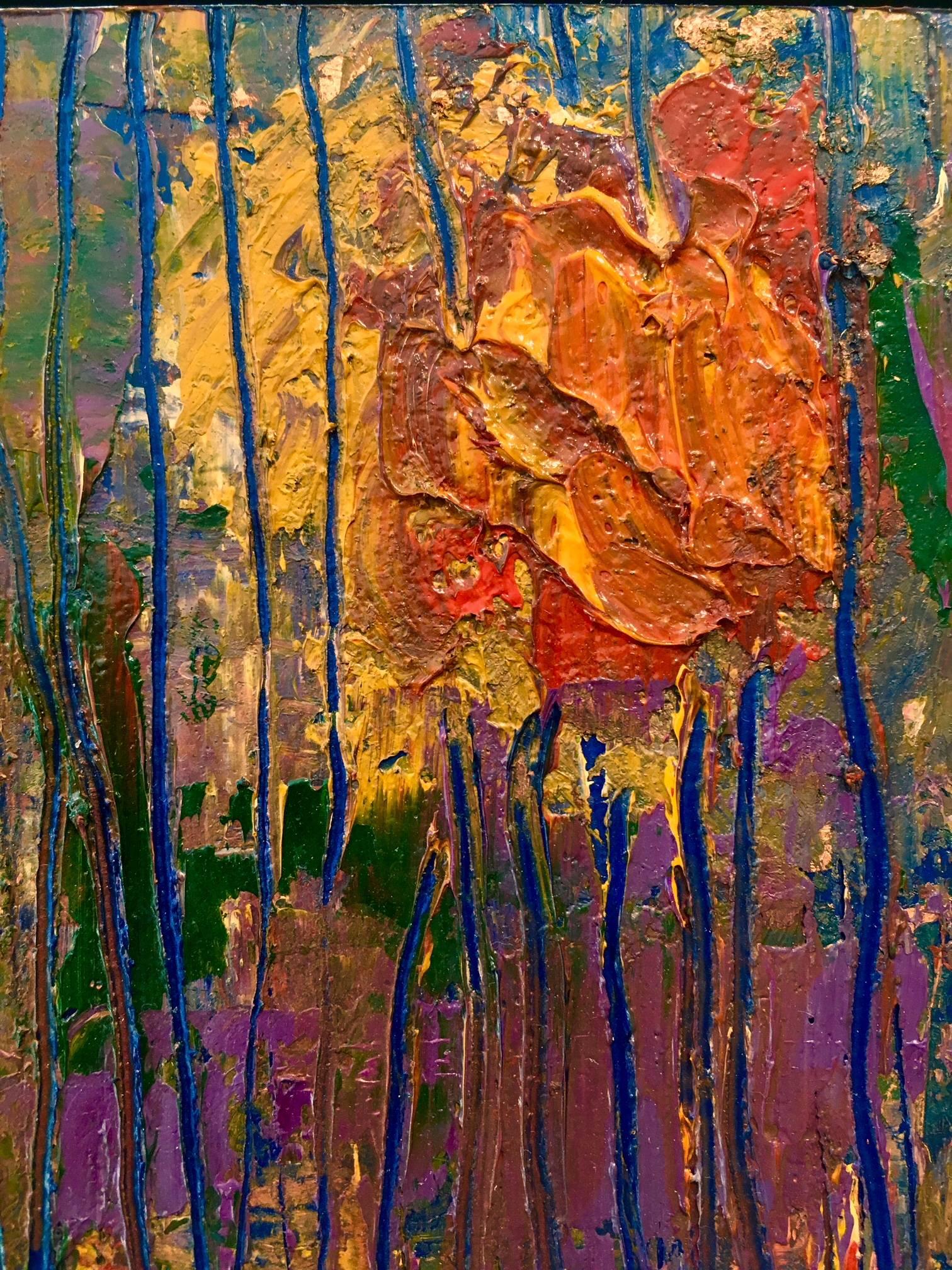 Composition in Purple / oil and metal leaf - Gold Abstract Painting by Frédéric Choisel