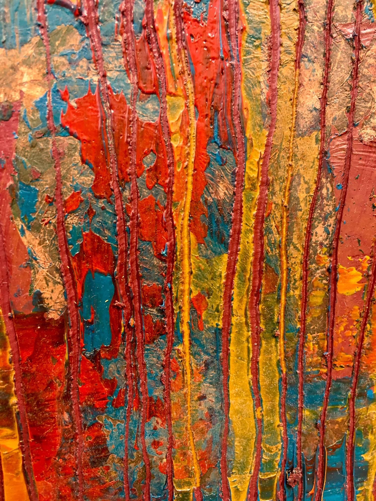 Zusammensetzung in Rot/Öl und Blattmetall (Abstrakter Expressionismus), Painting, von Frédéric Choisel