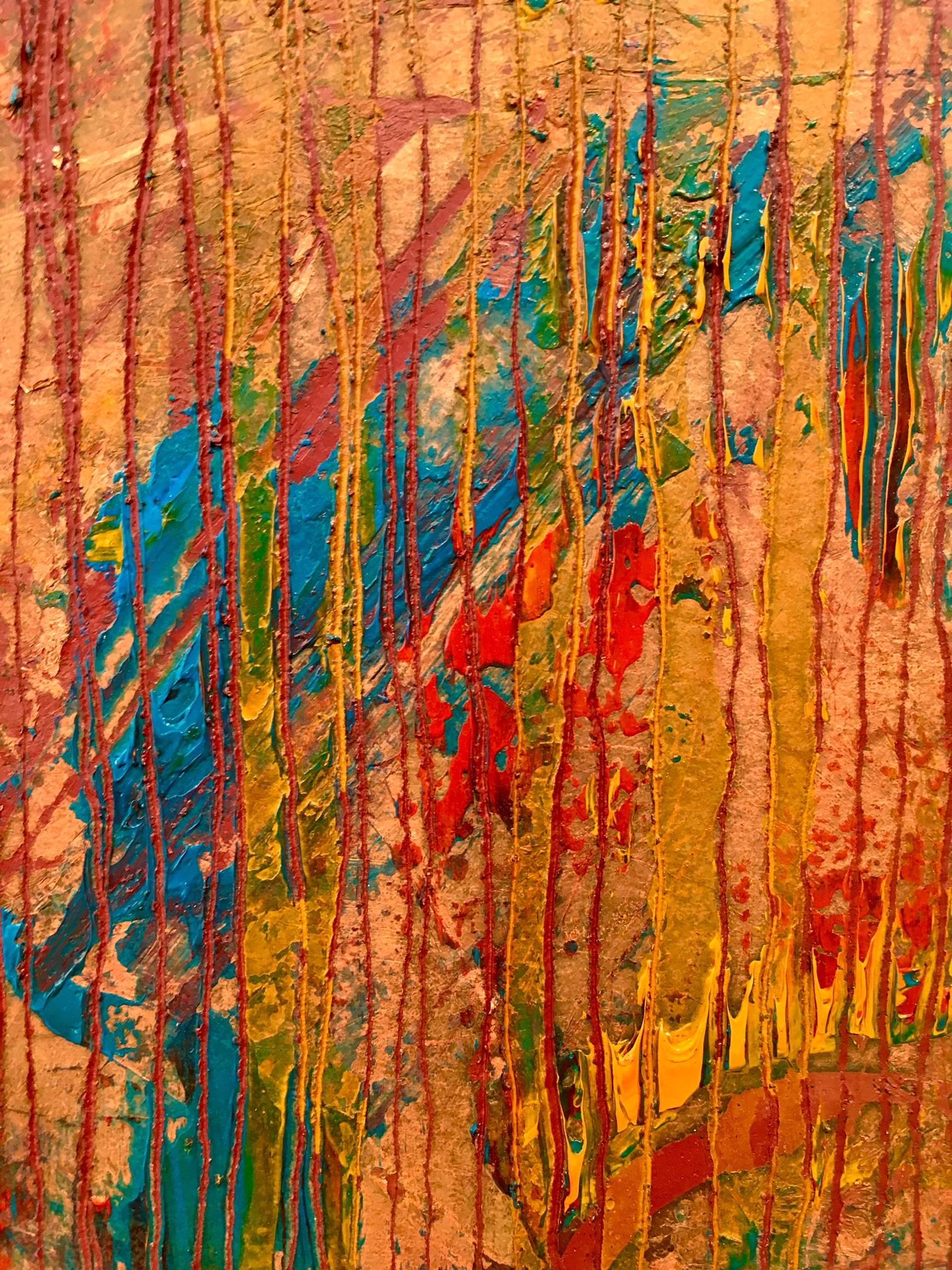 Zusammensetzung in Rot/Öl und Blattmetall (Gold), Abstract Painting, von Frédéric Choisel