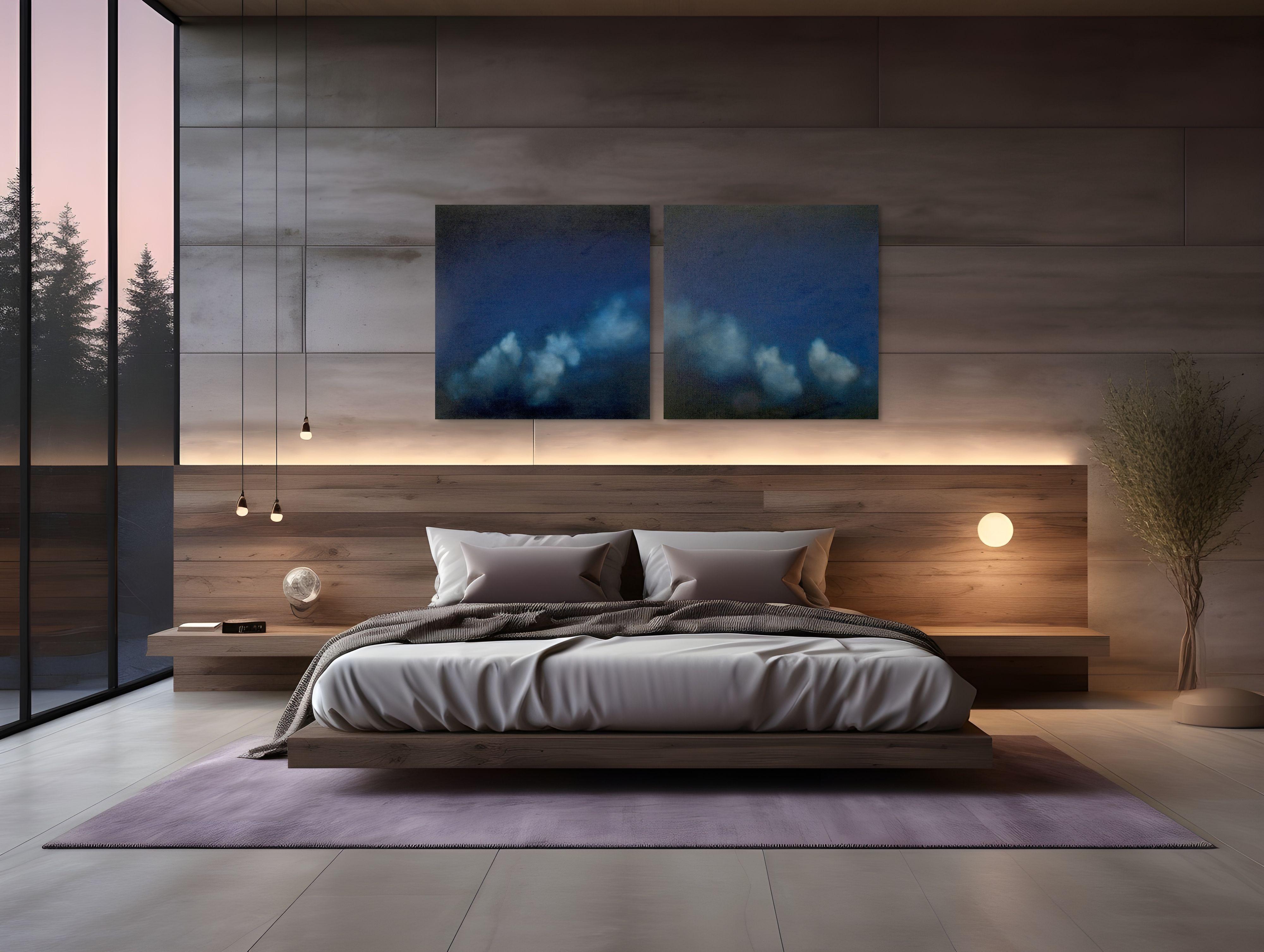 Promesse I & II ( Diptych)  is a magnificent abstract oil painting of ephemeral clouds floating on an elegant deep blue sky . A unique view of  clouds at twilight,  in rich shades of blue. Each panel creates half the arch of the Promesse, romantic