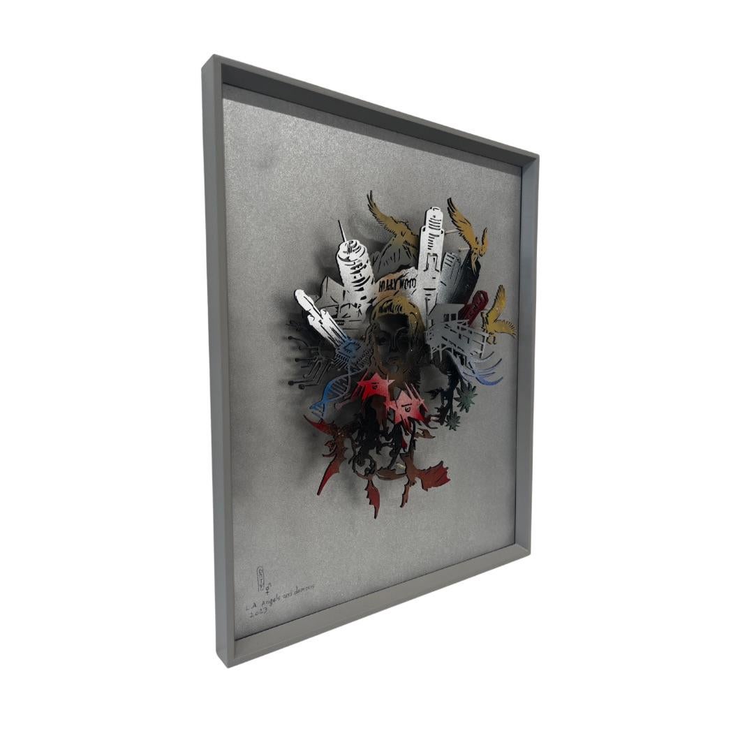 „L.A. Angels and Demons“, gerahmte 3D-Skulptur aus Los Angeles, Hochrelief – Sculpture von Frederic Daty