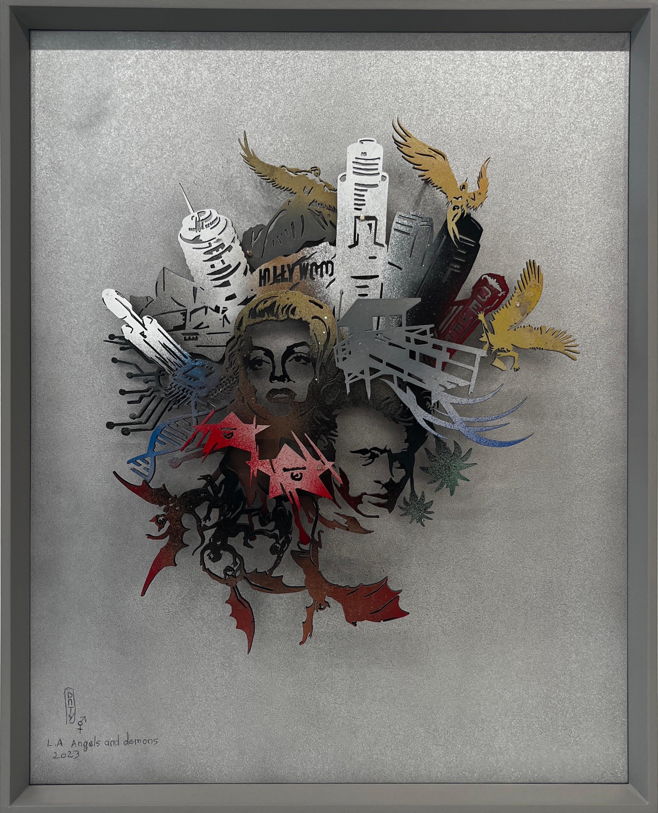 Frederic Daty Figurative Sculpture - "L.A. Angels and Demons" High-relief 3D framed sculpture of Los Angeles