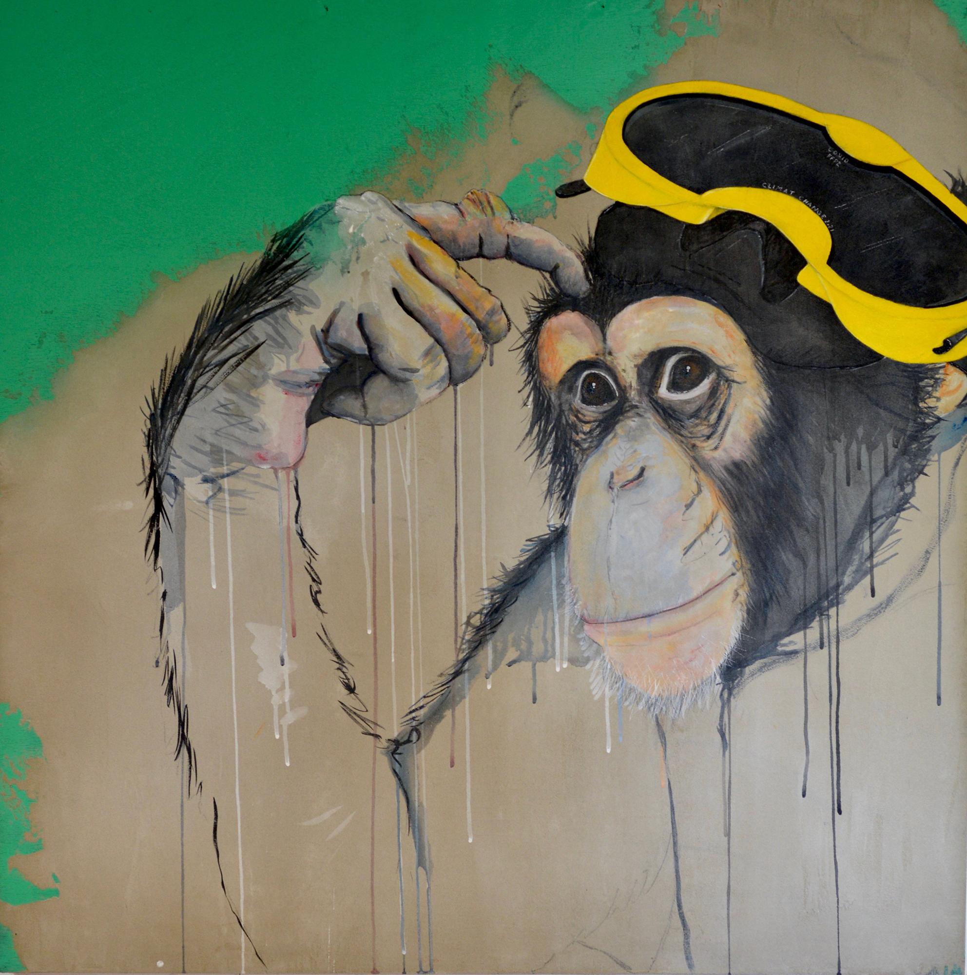 Monkey painting, Crazy world, acrylic and concrete on wood, urban art