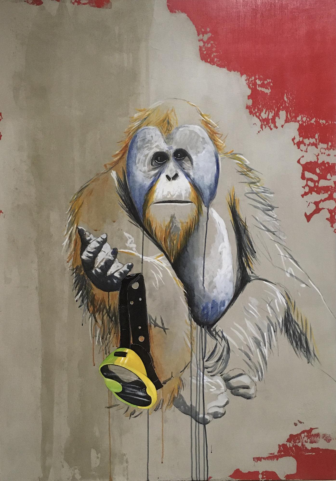 The gift, monkey painting, acrylic, concrete on wood, urban art Frédéric Garnier