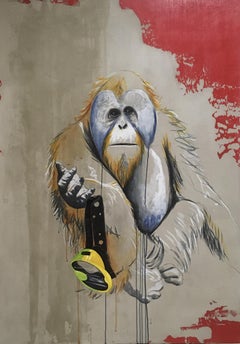 The gift, monkey painting, acrylic, concrete on wood, urban art Frédéric Garnier