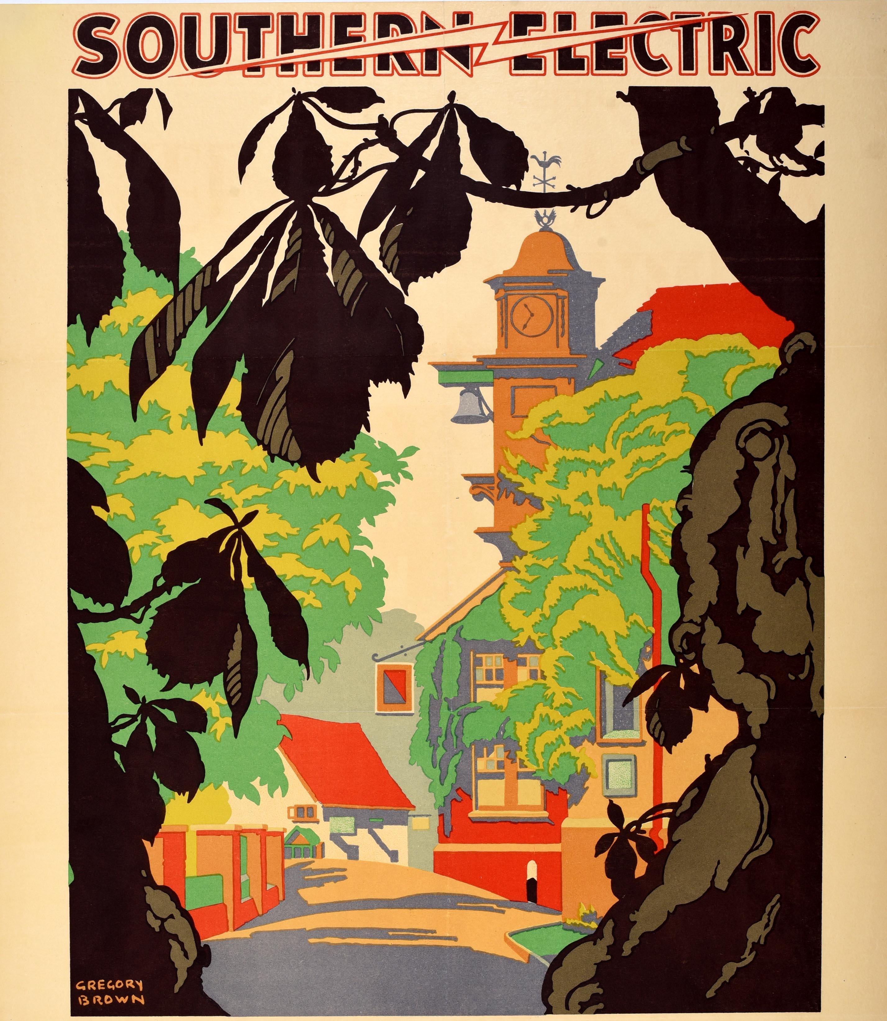 Original Vintage Travel Poster Live In Surrey Free From Worry Southern Electric - Beige Print by Frederic Gregory Brown